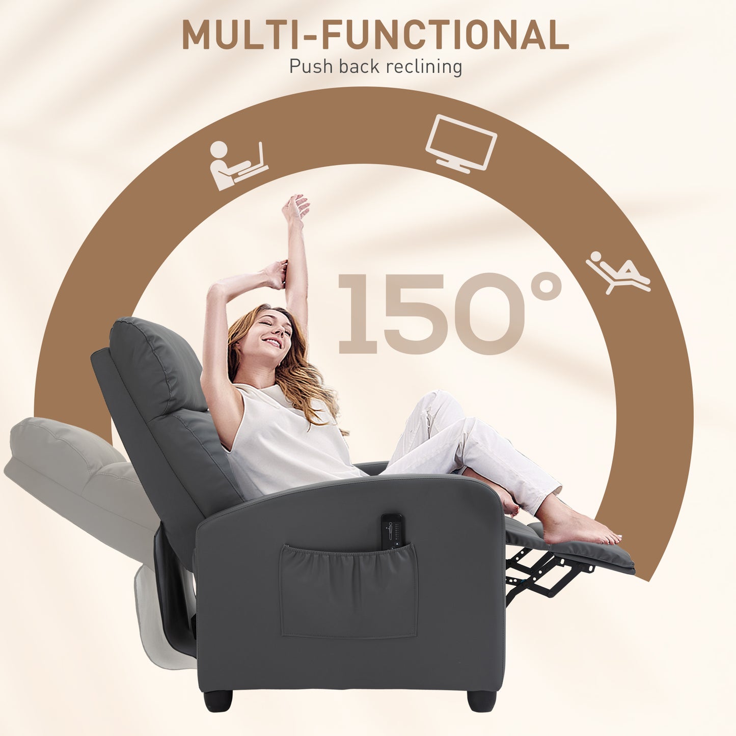 Recliner Armchair, Massage Faux Leather Push Back Reclining Chair With Adjustable Leg Rest, Side Pocket, For Home Living Room Theatre, Grey