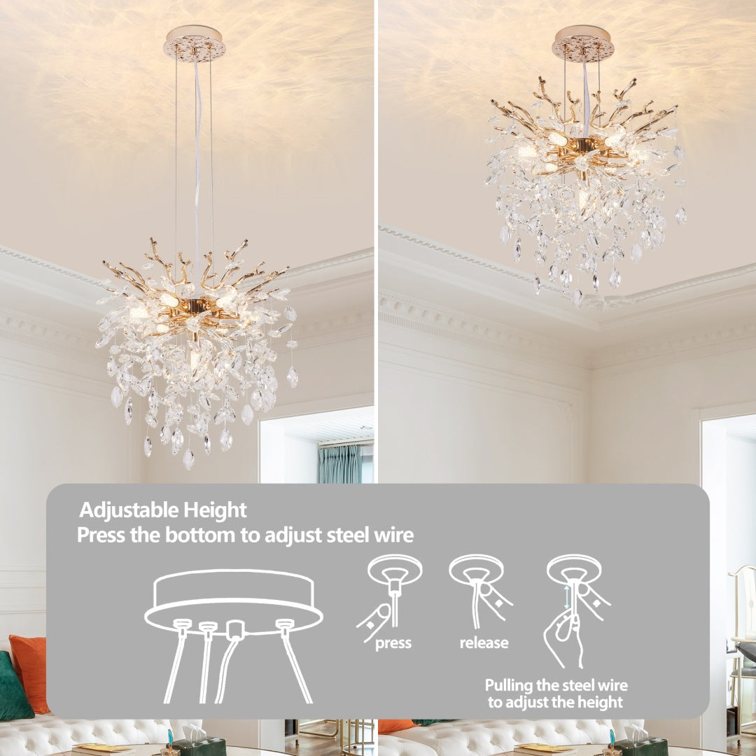 Modern Tree Branch Crystal Chandelier Luxury Gold Crystal Pendant Lighting 18in Contemporary 7-Light Chandeliers For Dining Room Kitchen Bedroom Living Room Bulb Is Not Including