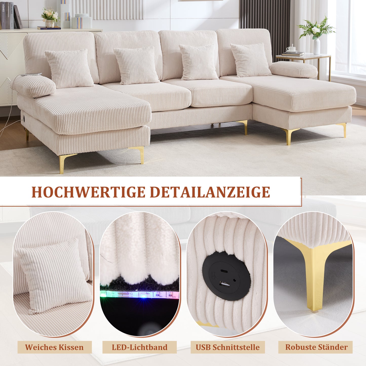 Modern U-shaped Sofa With LED Ambient Lighting & The USB-C Port Solid Wood Frame, 4 Luxurious Cushions & Ergonomic Premium Backrest For Maximum Comfort, Beige