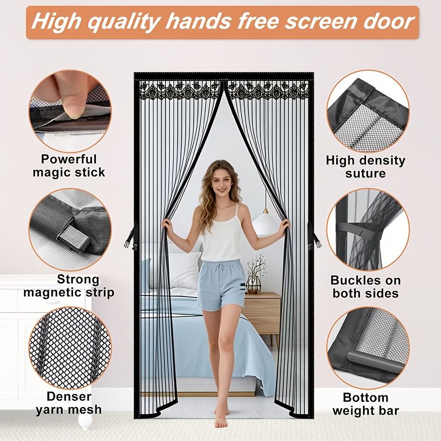 1pc Magnetic Screen Door, Mosquito And Fly Proof Door Curtain, Easy To Install, Top Lace Design & Storage, Pet Friendly, Suitable For Living Room, Bedroom, Balcony, Front Door, Garage, Partition, Priv