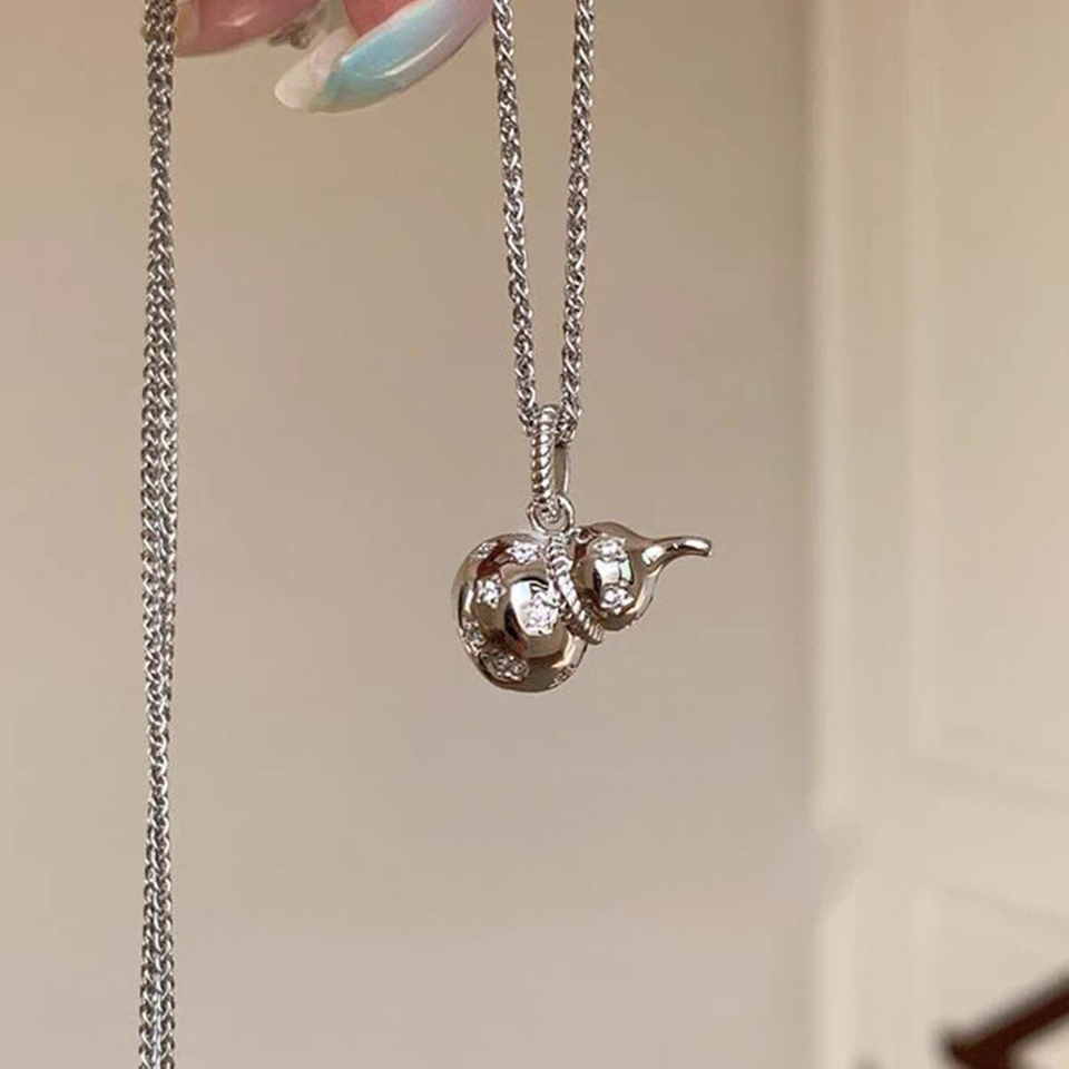 1pc 999 Sterling Silver Diamond Gourd Necklace, Lucky Retro Style, Perfect For Daily Wear And Valentine's Gift
