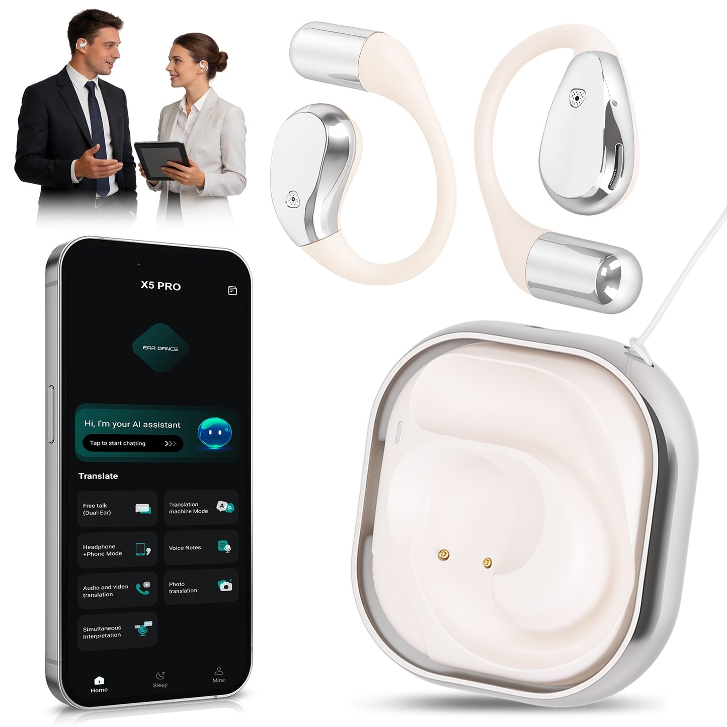 Open-Ear AI Translation Earbuds 165 Language Real Time AI Headphone Wireless 6.0 Translating Earbuds With 360 Degree Rotating Charging Case Lanyard For Travel Meetings Language Learning