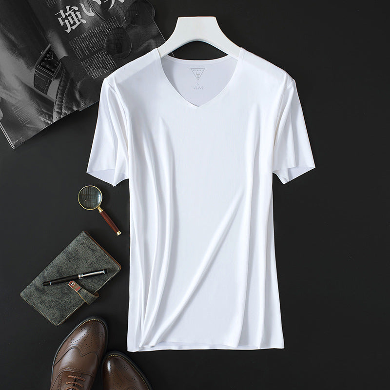 Seamless Cooling Japanese Goat Milk Men's Technology Lightweight Ice Silk V-Neck Short-Sleeved T-Shirt European And American Simple Slim Shirt