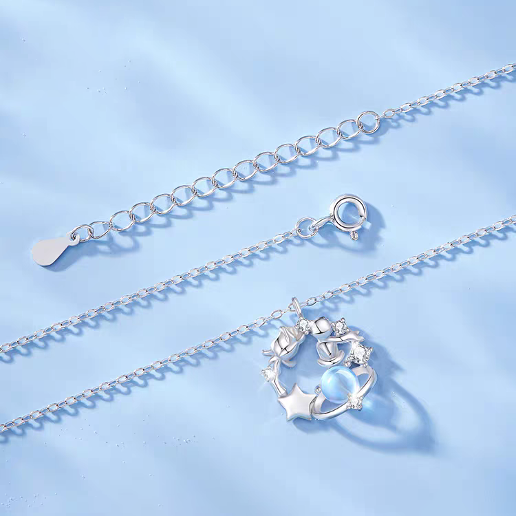 1pc 999 Sterling Silver Moonstone Little Prince Planet Pendant Necklace, Dreamy Sweet Style, Perfect For Daily Wear & Valentine's Gifts