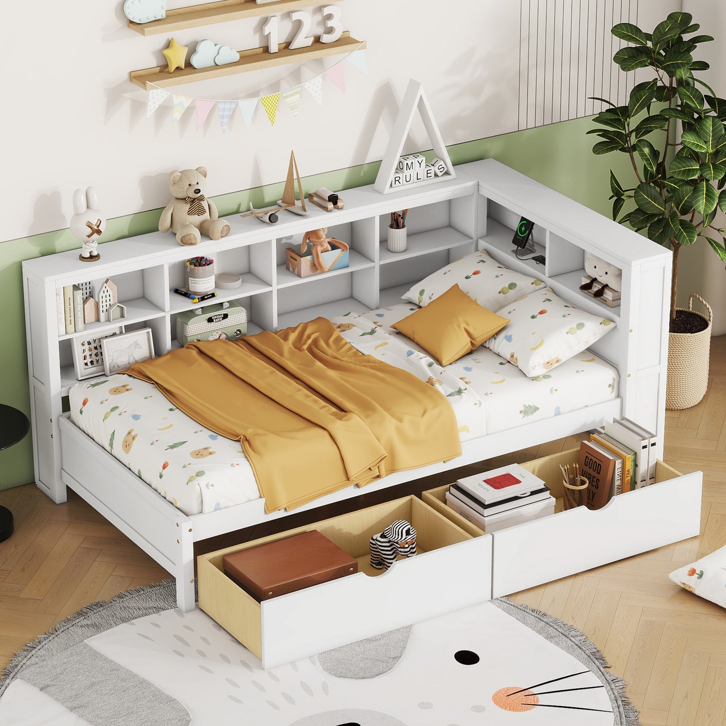 Wooden Twin Size DayBed With 2 Drawers, DayBed With Storage Shelf And USB Charging Ports,White OLD