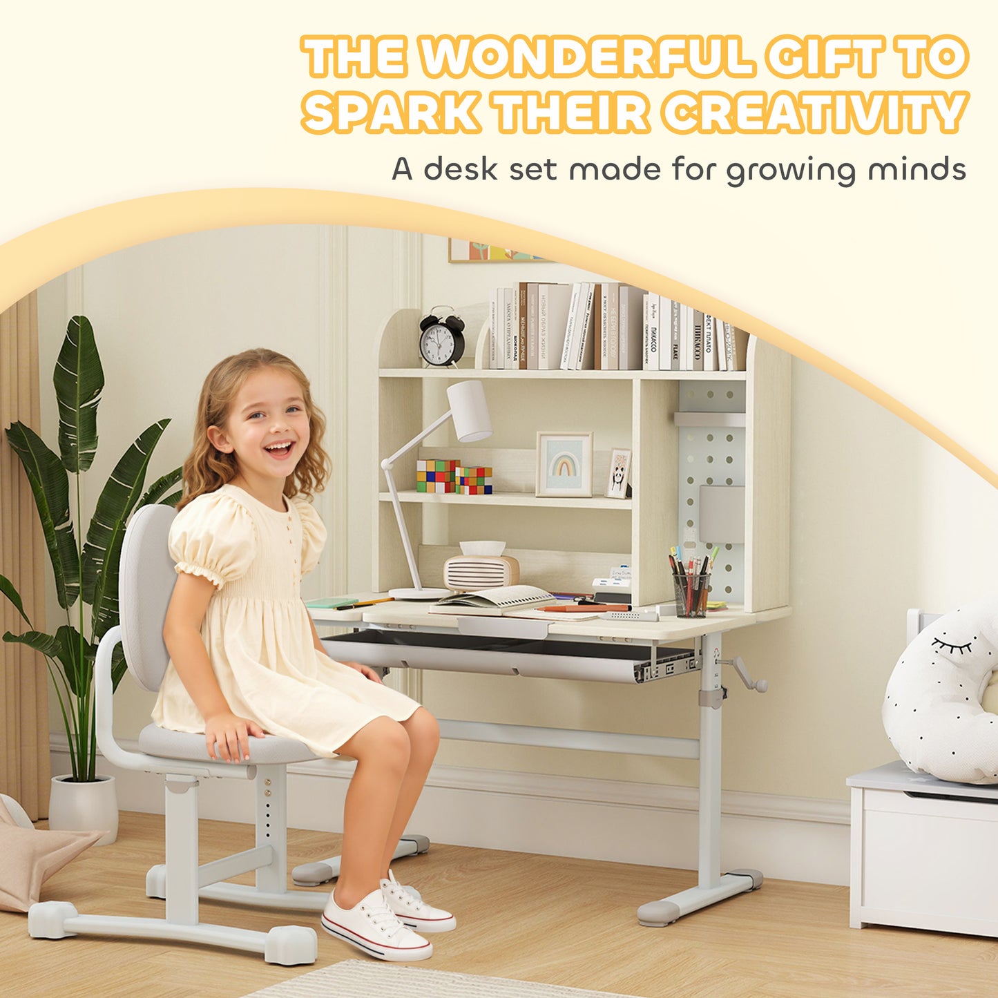 Kids Study Desk and Chair Set with Adjustable Height, Tiltable Desktop, Hutch and Drawer for Ages 3-12, Gray