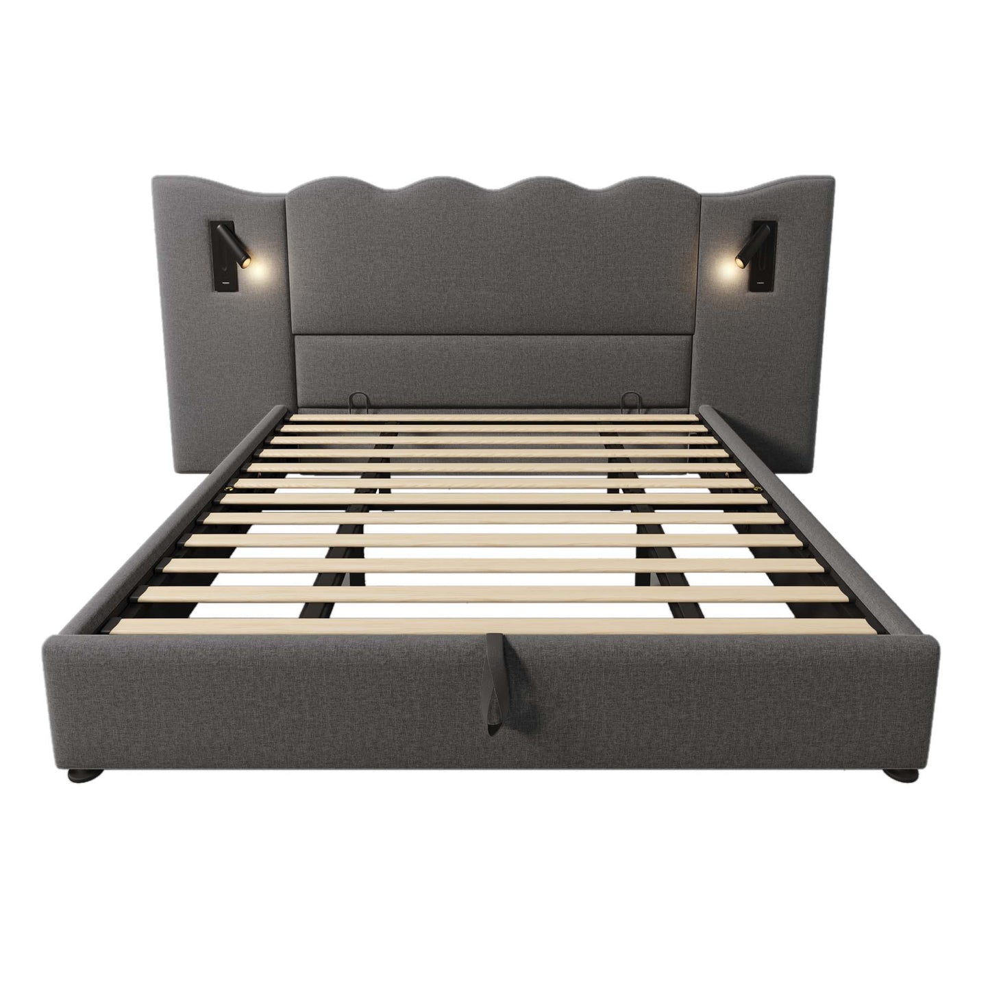Upholstered Bed Double Bed 180x200 With Reading Lamp And USB Type-C Charging Function, Storage Bed Frame With Slatted Frame Made Of Solid Wood And Metal, Grey, Linen Without Mattress
