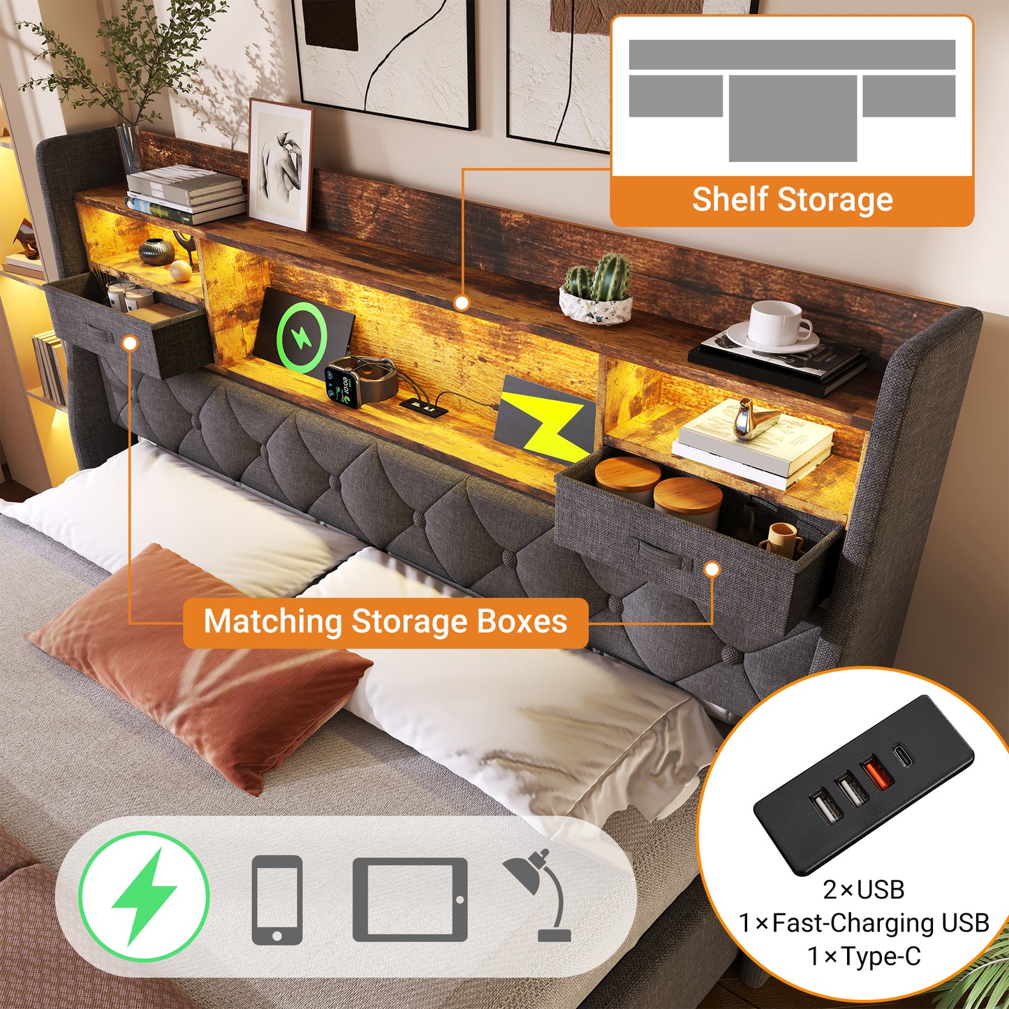 Upholstered Bed 6ft Hydraulic Bed With LED Lighting, USB Type-C Charging, Storage Headboard For Cellphones & Tablets, 180 X 200 Cm Super King Bed With Metal Slatted Frame, Linen, Grey No Mattress