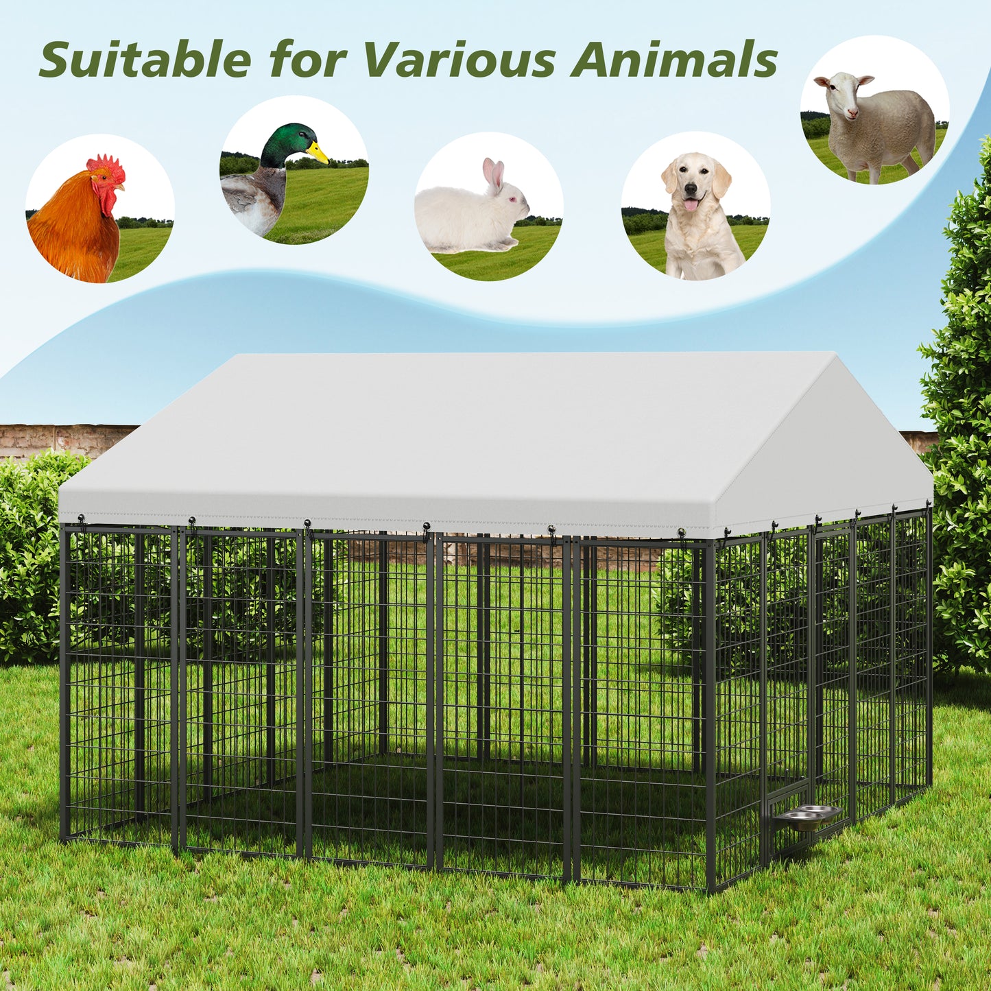 Large Dog Kennel Outdoor Pet Pens Dogs Run Enclosure Animal Hutch Metal Coop Fence With Roof Cover. 9.61'L X 9.45'W X 6.77'H.