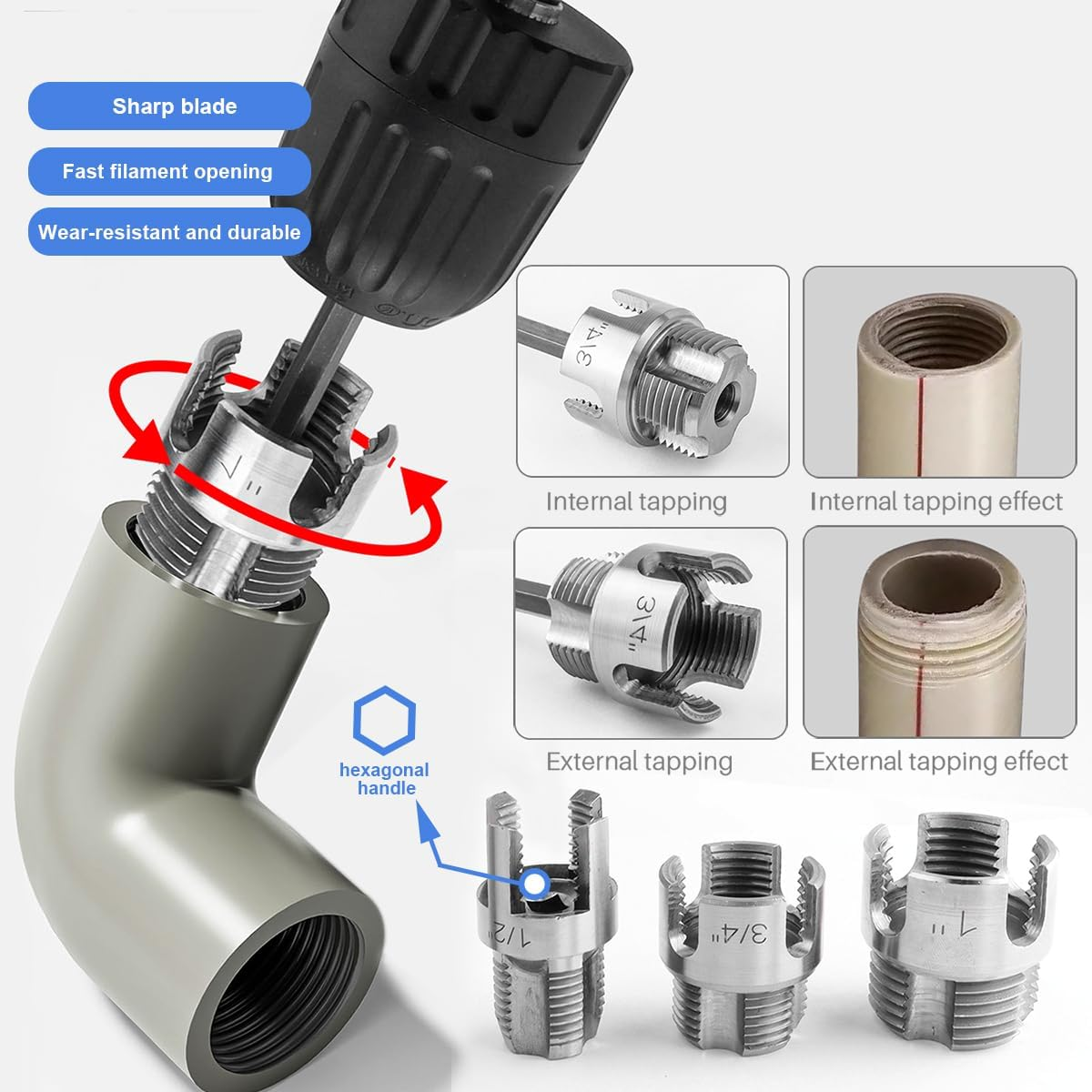 3-piece Heavy-duty Alloy Pipe Thread Tool Set, Integrated Internal And External Pipe Thread Processing Tools, PVC And Plastic Pipe Threader Set