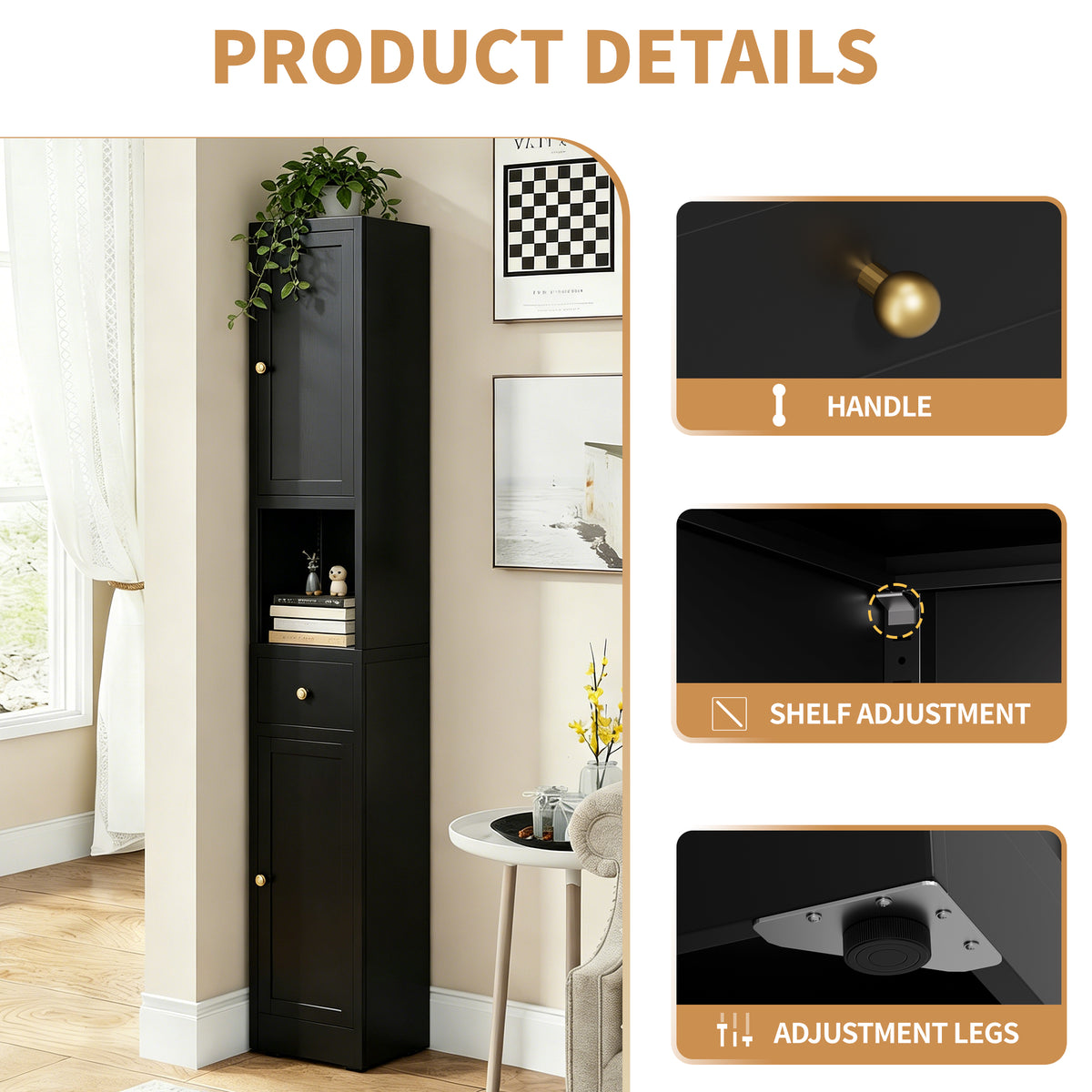 71 Inch Tall Bathroom Storage Cabinet, 5-Tier Narrow Metal Cabinet With 2 Doors & Adjustable Shelves, Freestanding Cabinet For Space Saving In Kitchen, Laundry Room, Pantry, Black