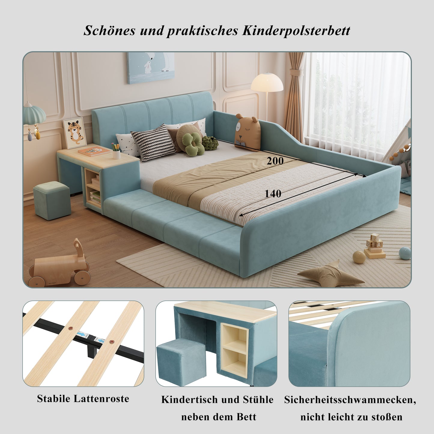 Upholstered Bed, Single Bed With Children's Desk And Stool, With Shelf, Soft Headboard, Children's Bed With Wooden Slats, Velvet, Blue, 140x200cm