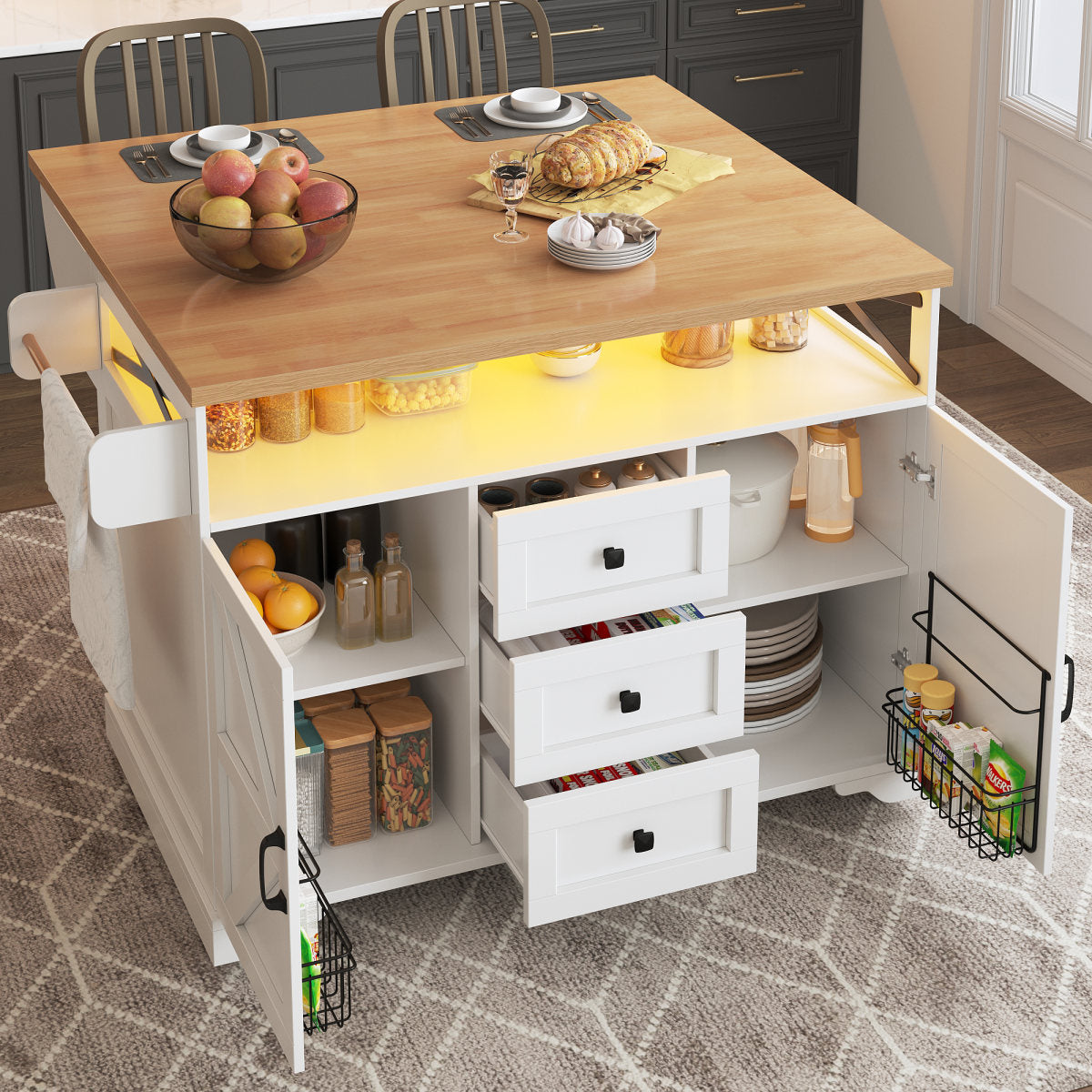 Serving Cart Kitchen Rollable With Drop-Leaf Table & App LED Lighting, Snack Shelves, Multifunctional As Kitchen Island Mobile Bar Side Table, Modern Kitchen Island, Kitchen Cabinet, Dining Table