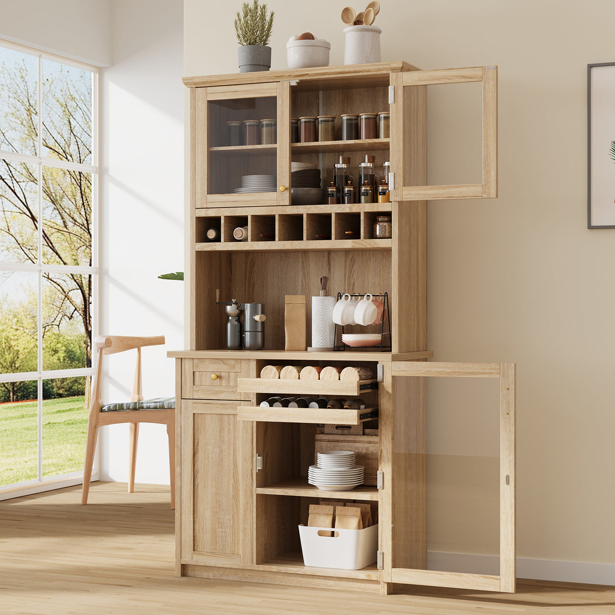 TOPMAx Farmhouse 35.4x17.7x74.8inch Freestanding Buffet With Hutch Tall Kitchen Pantry Storage Cabinet With Wine Rack And Adjustable Shelves For Dining Room Natural