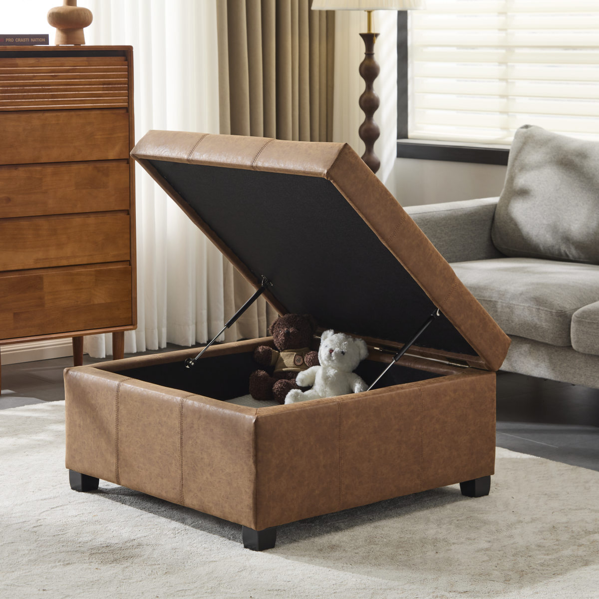 35" Square Brown Faux Leather Storage Ottoman - Lift-Top Footrest Stool for Living Room, Bedroom & Office - Upholstered Bench with Hidden Storage