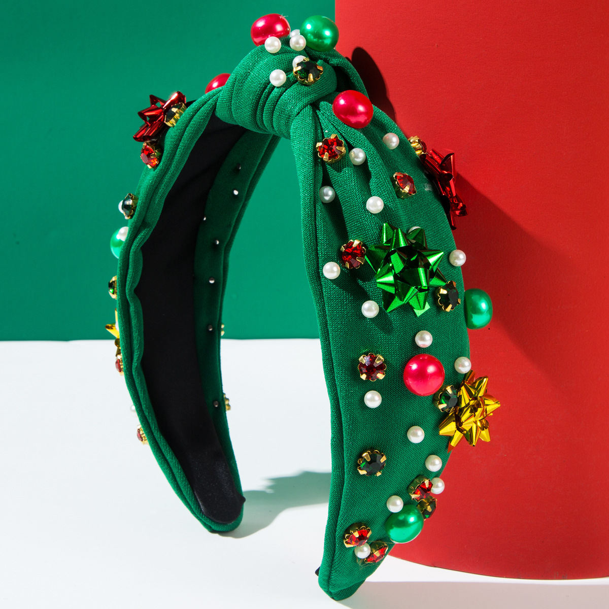 Christmas Headband Red Green Plastic Flowers Accessories Pearl Headband