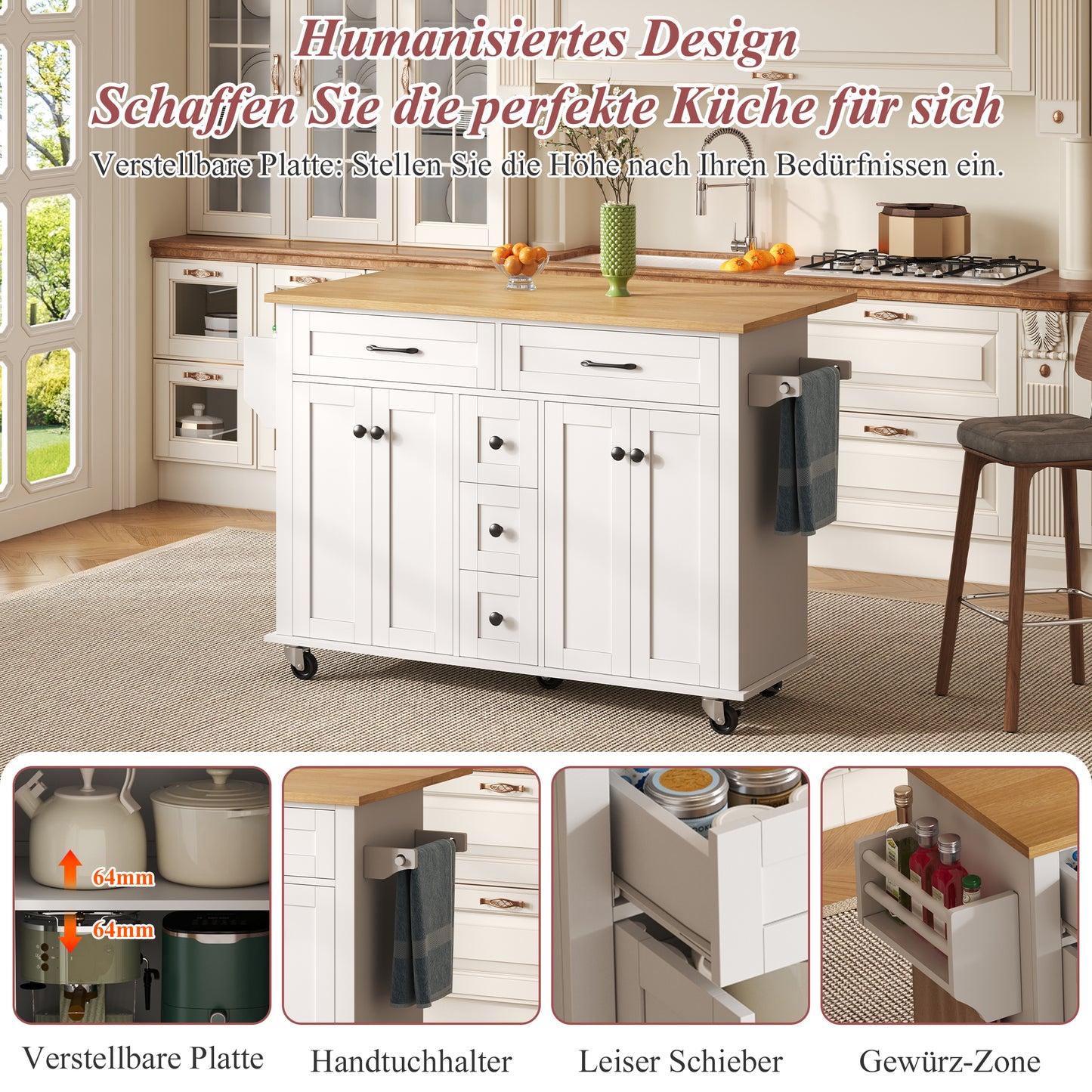 Multifunctional Kitchen Trolley With Fold-out Worktop, 120x65 Cm Expandable, With 5 Drawers, Cabinets, Spice & Towel Rack, On Castors Kitchen Island For Kitchen, Dining Room & Living Room