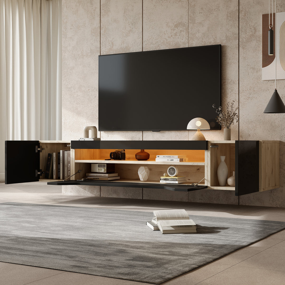 TV Cabinet With 3 Storage Compartments, Lowboard, Floating Wall-mounted TV Unit, High-gloss TV Cabinet With LED Light, TV Table, Wall-mountable, Suitable For 75-inch TVs, Black Original