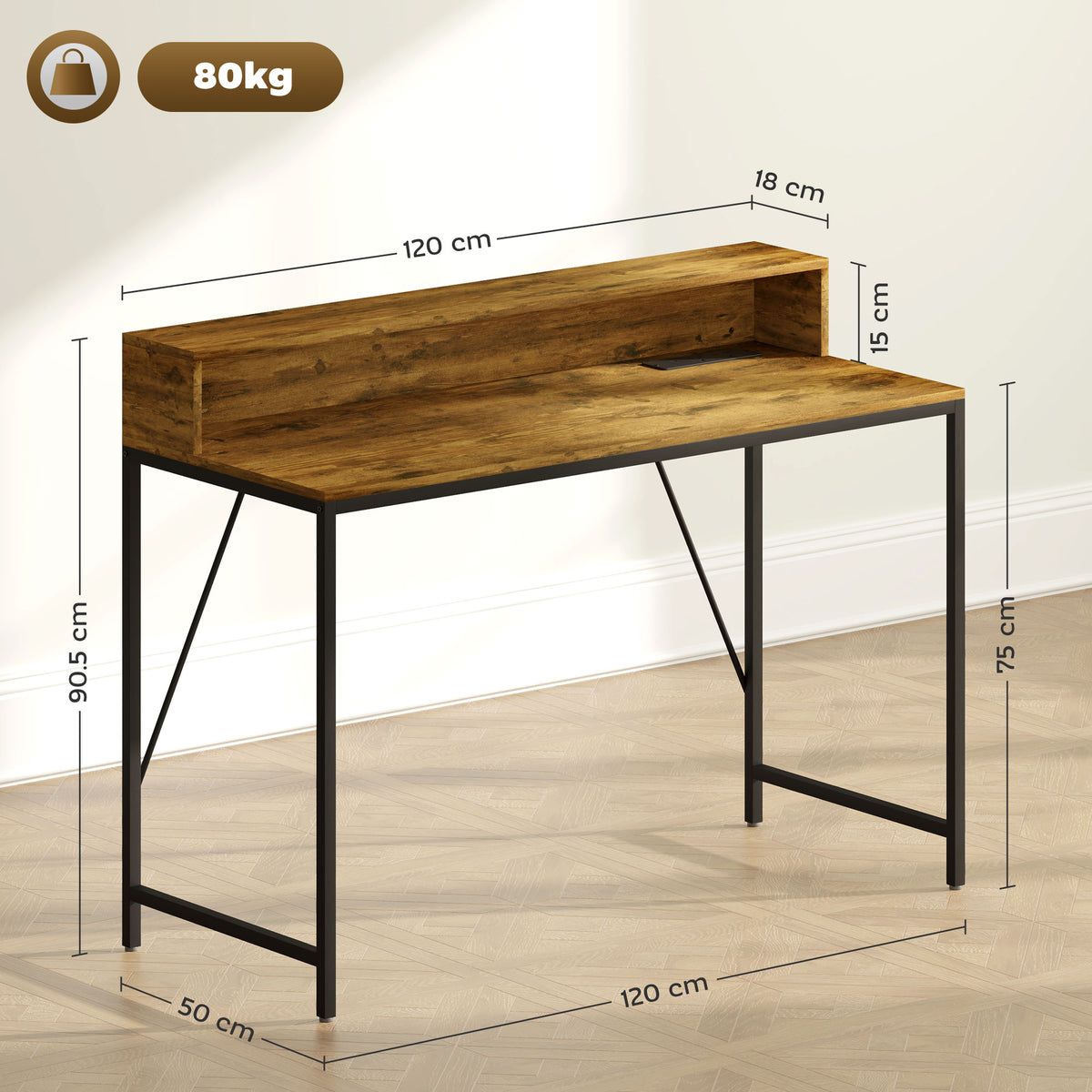 120cm Computer Desk With LED Lights And Power Outlets, Gaming Desk With Monitor Stand, Computer Table With Remote For Home Office Study, Rustic Brown