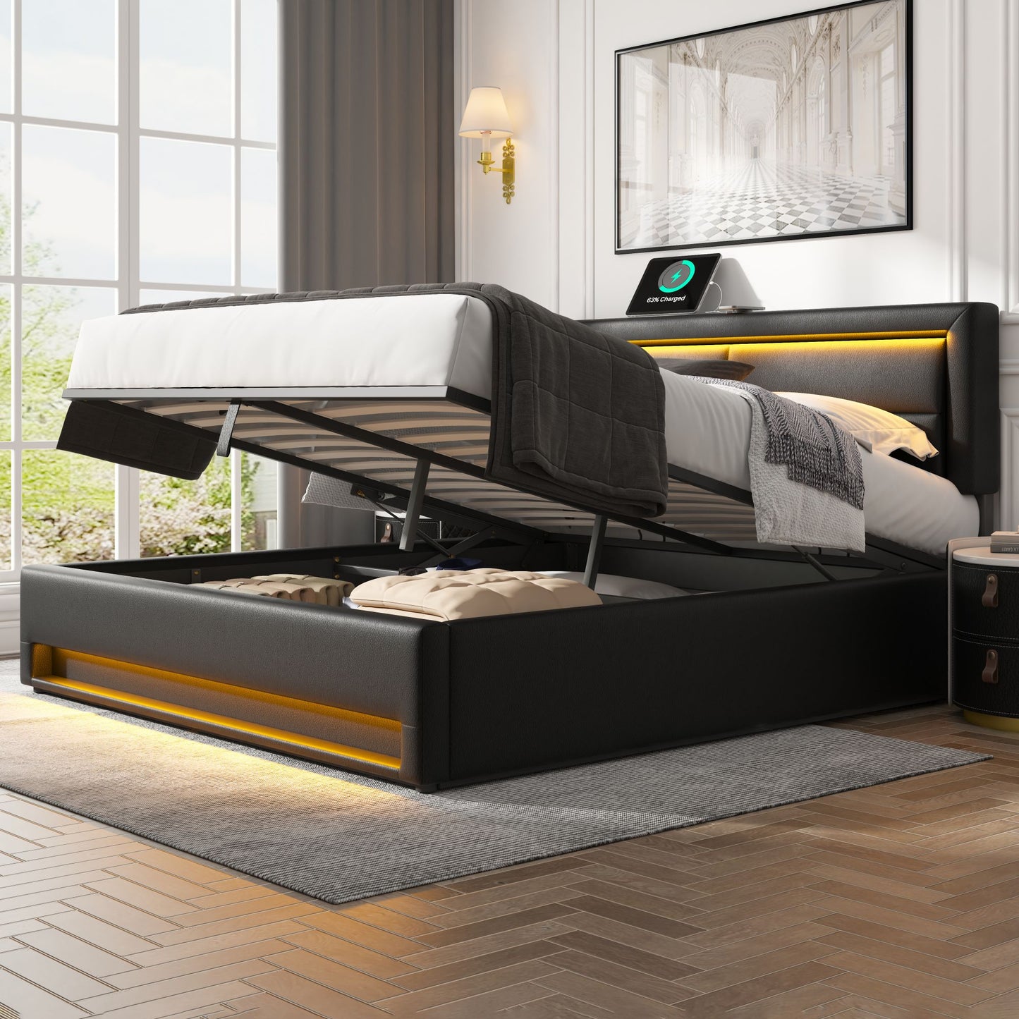 Upholstered Bed 140 X 200 Cm, With USB Port Supports Wireless And Wired Charging , With LED Lighting And Storage, Without Mattress, PU Lychee Pattern, Black OLD SKU 3252978AAS