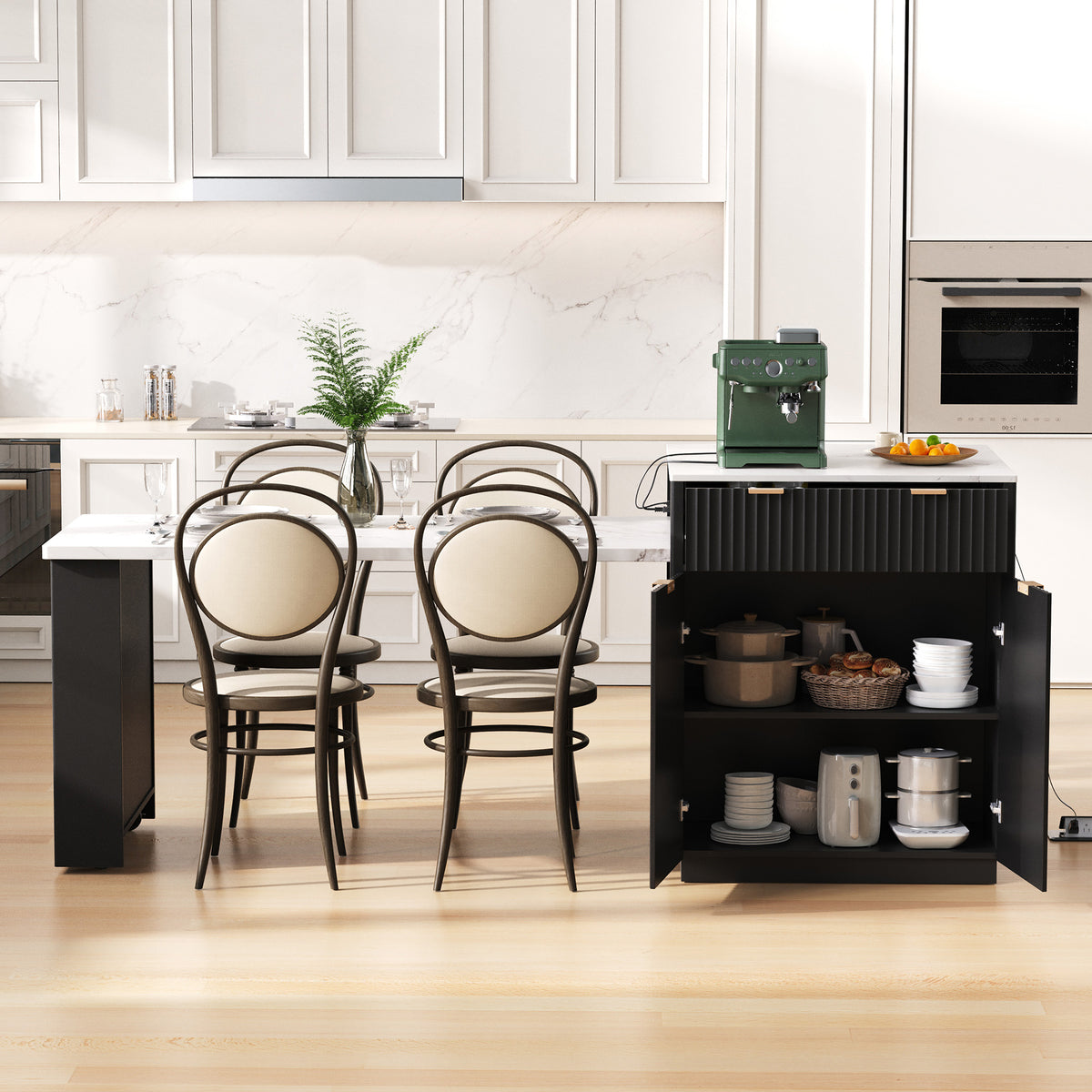 K&K 82.6 Fluted Kitchen Island With Extendable Dining Table For 4-6, Island Table For Kitchen With Power Outlet, Kitchen Table With Double-Side Storage, 2 Drawers 2 Side Open Shelves, Black