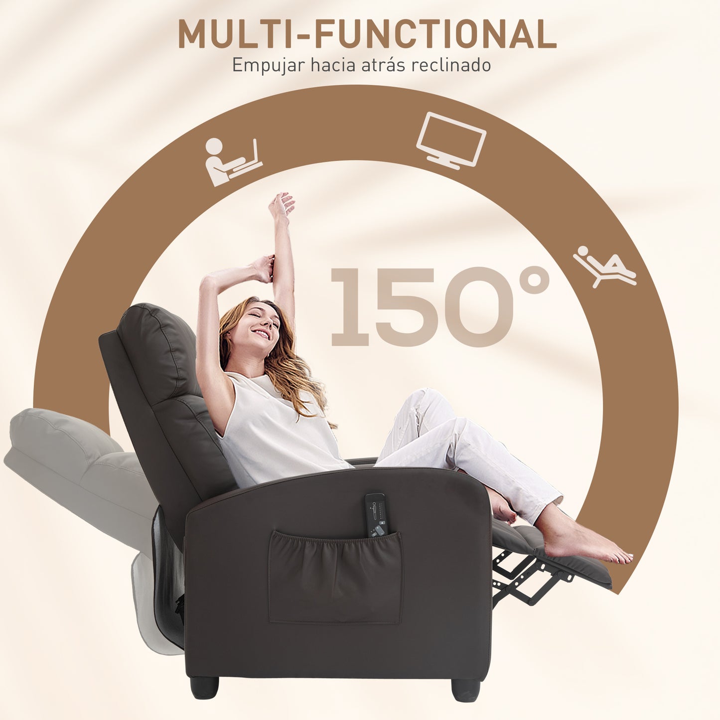 Recliner Armchair, Massage Faux Leather Push Back Reclining Chair With Adjustable Leg Rest, Side Pocket, For Home Living Room Theatre, Brown