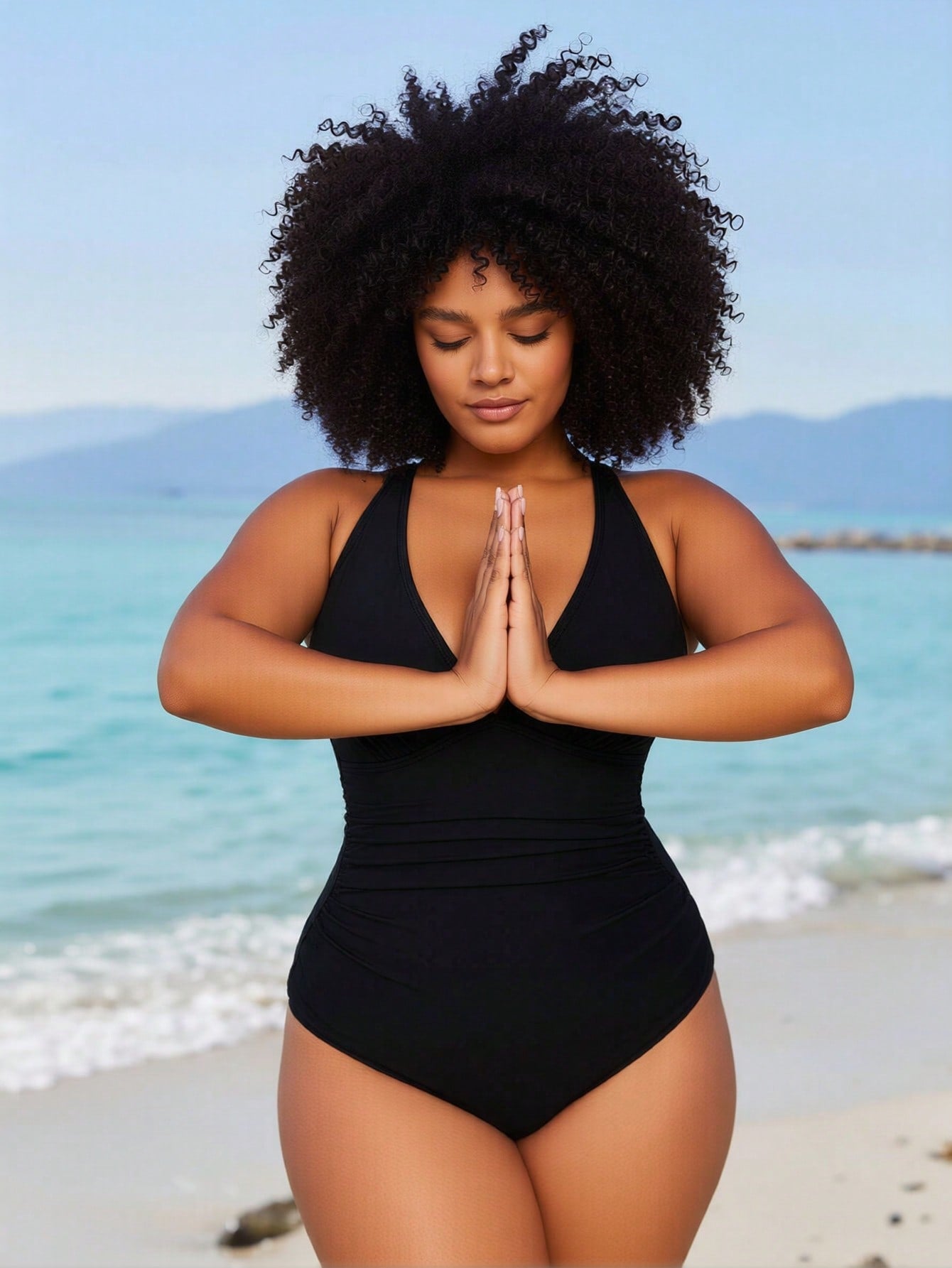 2026 New Women's One-Piece Swimsuit: Black With Halter Neck, Deep V-Neck And Ruched Tummy Control
