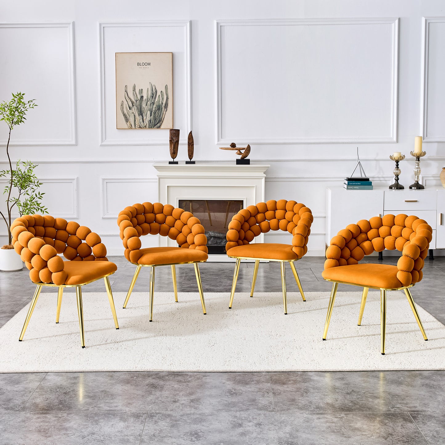 Set Of 2 Orange Puffy Bubble Chair Ball Chain Chair Velvet Dining Chairs With Gold Plated Legs, Modern Accent Chairs For Dining Room & Kitchen