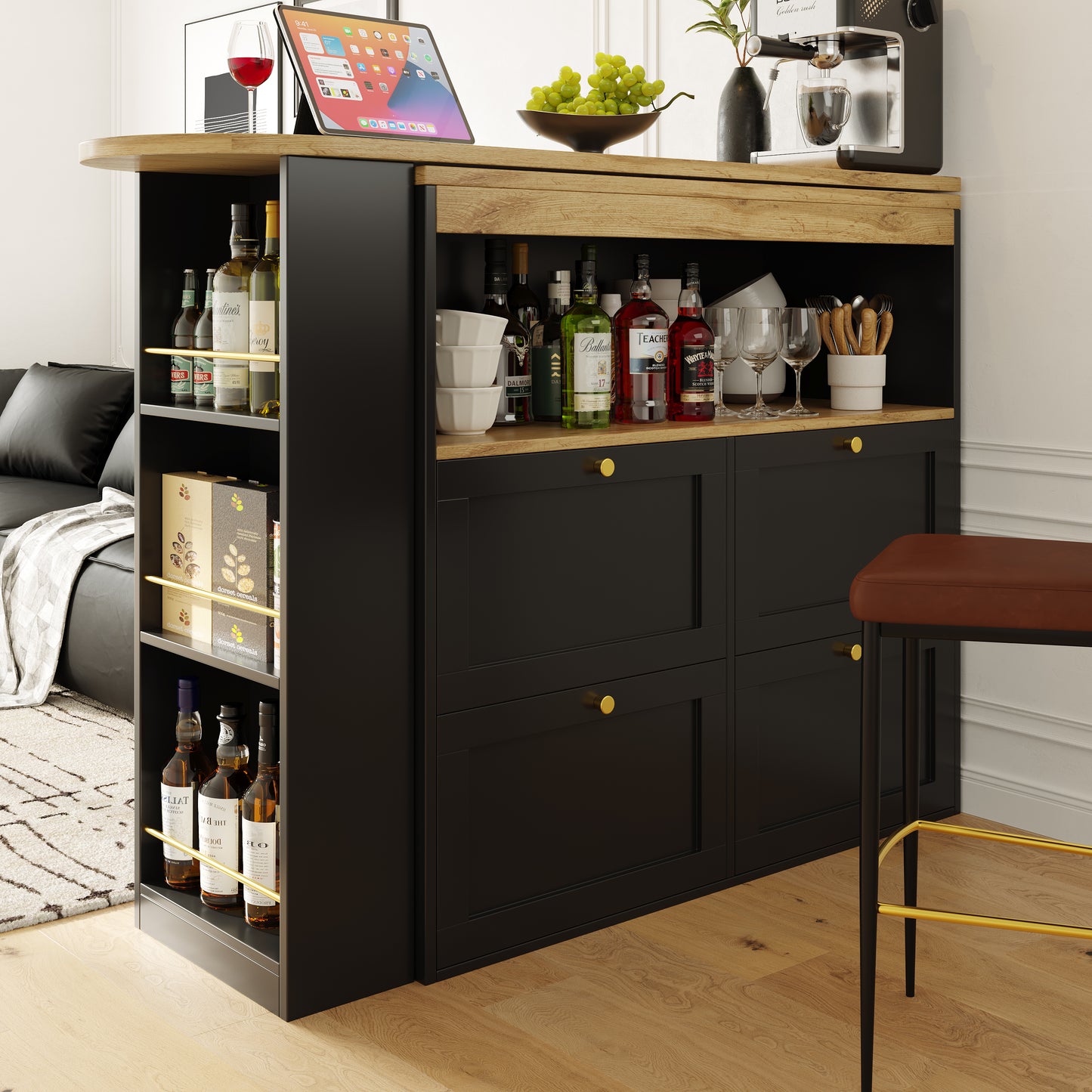 360 Swivelling Bar Table Main Body 105 X 39 X 102 Cm, With 4 Drawers And Open Shelves, Suitable For Dining Room Study Living Room Etc.