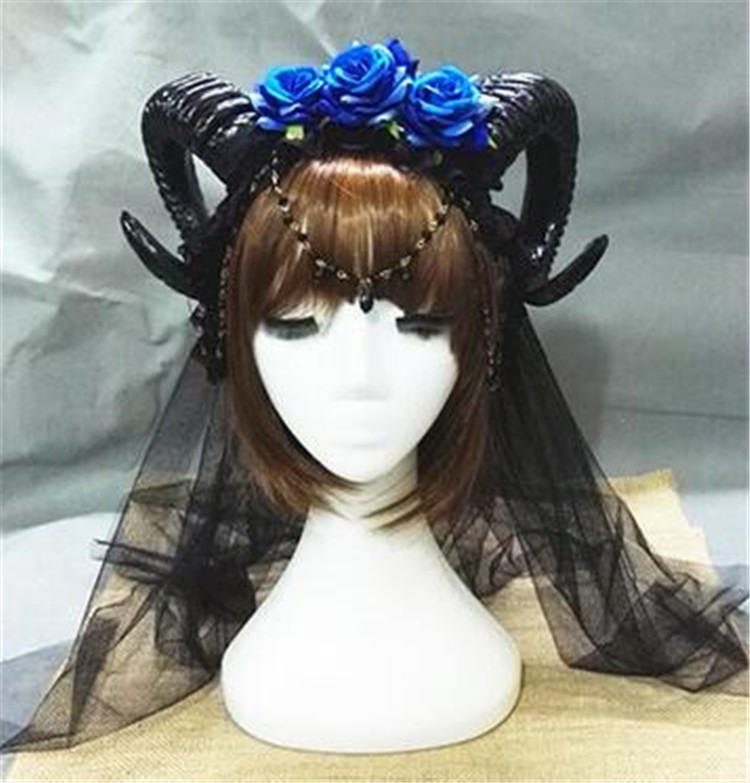Three Roses Headband Halloween Vampire Demonsheep Horn Veil Hair Accessories