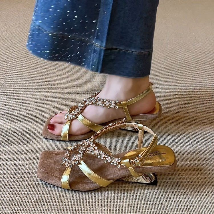 Stunning Rhinestone Cross Ankle Strap Fashion Elegant Square Toe Comfy Irregular Wedge Open-toe Sandals