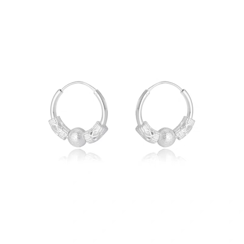1 Pair 999 Sterling Silver Matte Bead Hoop Earrings, Retro Lucky Style, Perfect For Daily Wear And Valentine's Gift