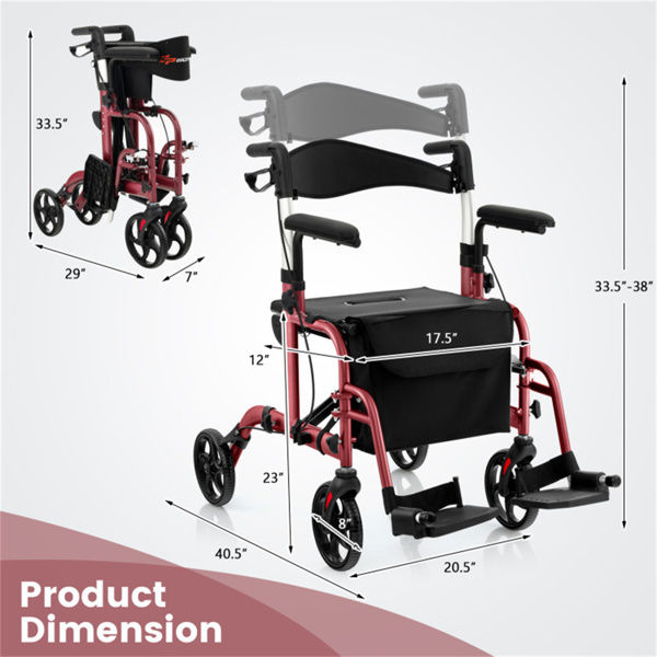 2-in-1 Rollator Walker & Wheelchair 300lbs 6-Level Adjustable Handles, 1-Hand Folding, Storage Bag Cane Holder For Elderly-Red