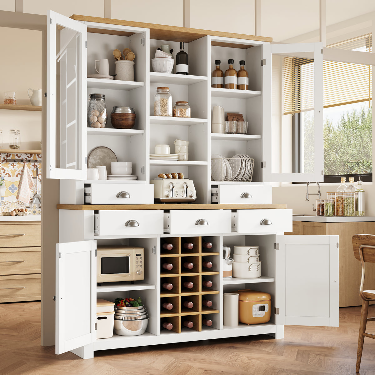 Kitchen Pantry Cabinet With Wine Rack, 185cm Tall Storage Cabinet With Glass Doors, 5 Drawers & Adjustable Shelves, White
