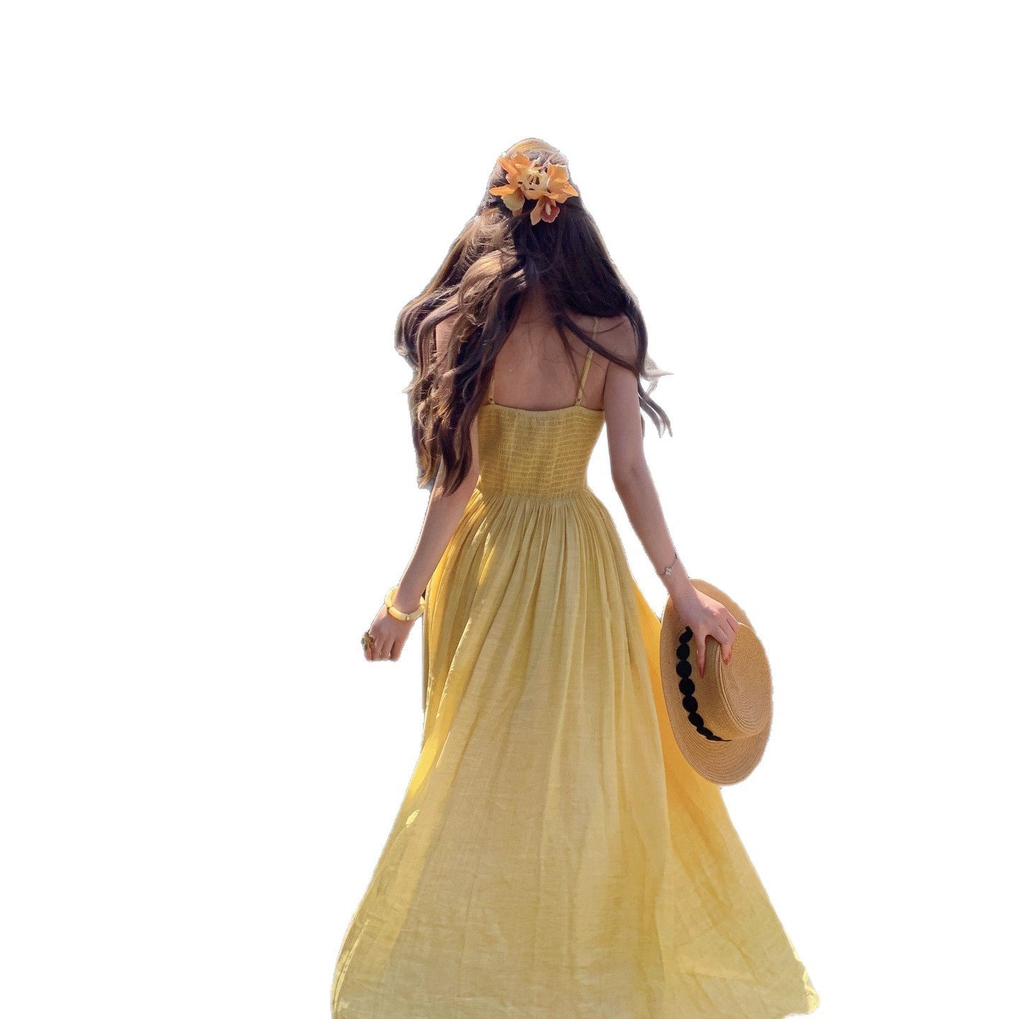 Stunning Yellow V-neck Tea-length Strap Dress For Summer