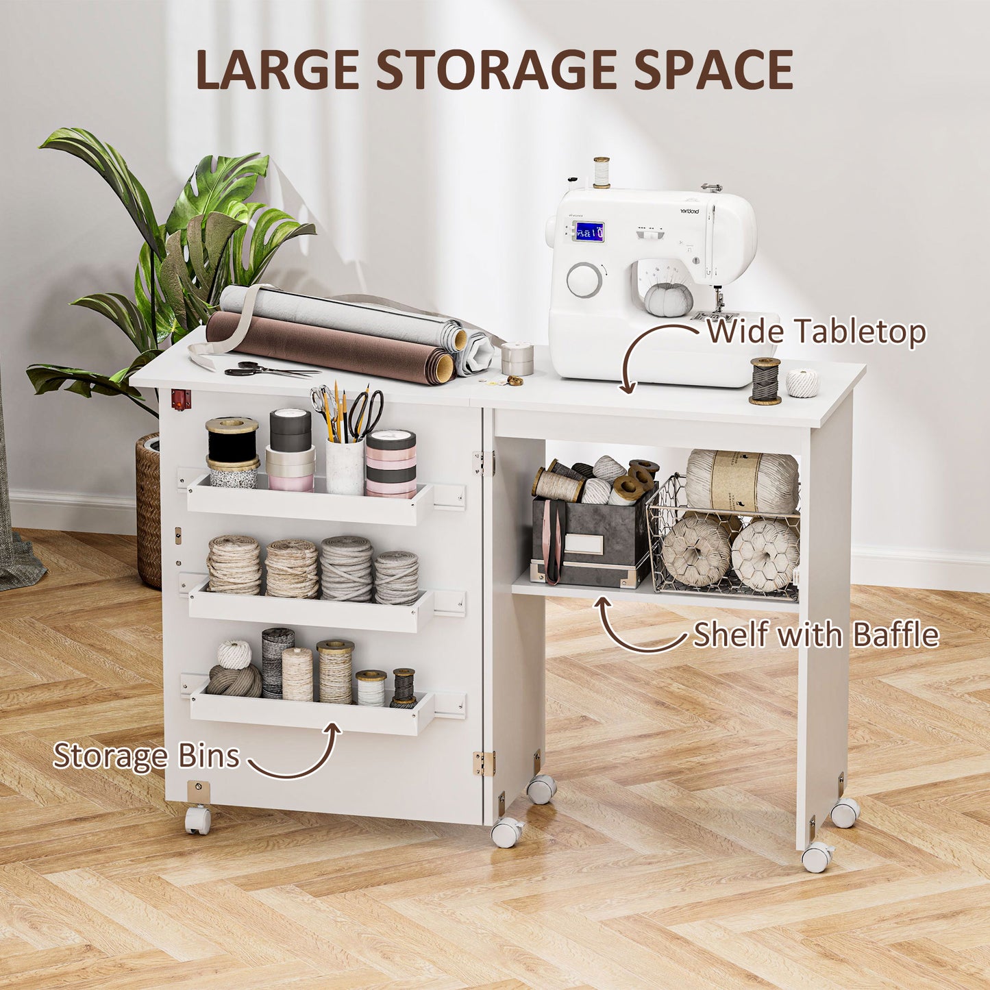 Folding Sewing Table, Drop Leaf Craft Table With Storage Bins, Open Shelf And Wheels, Rolling Sewing Machine Cabinet Computer Desk For Small Space, White