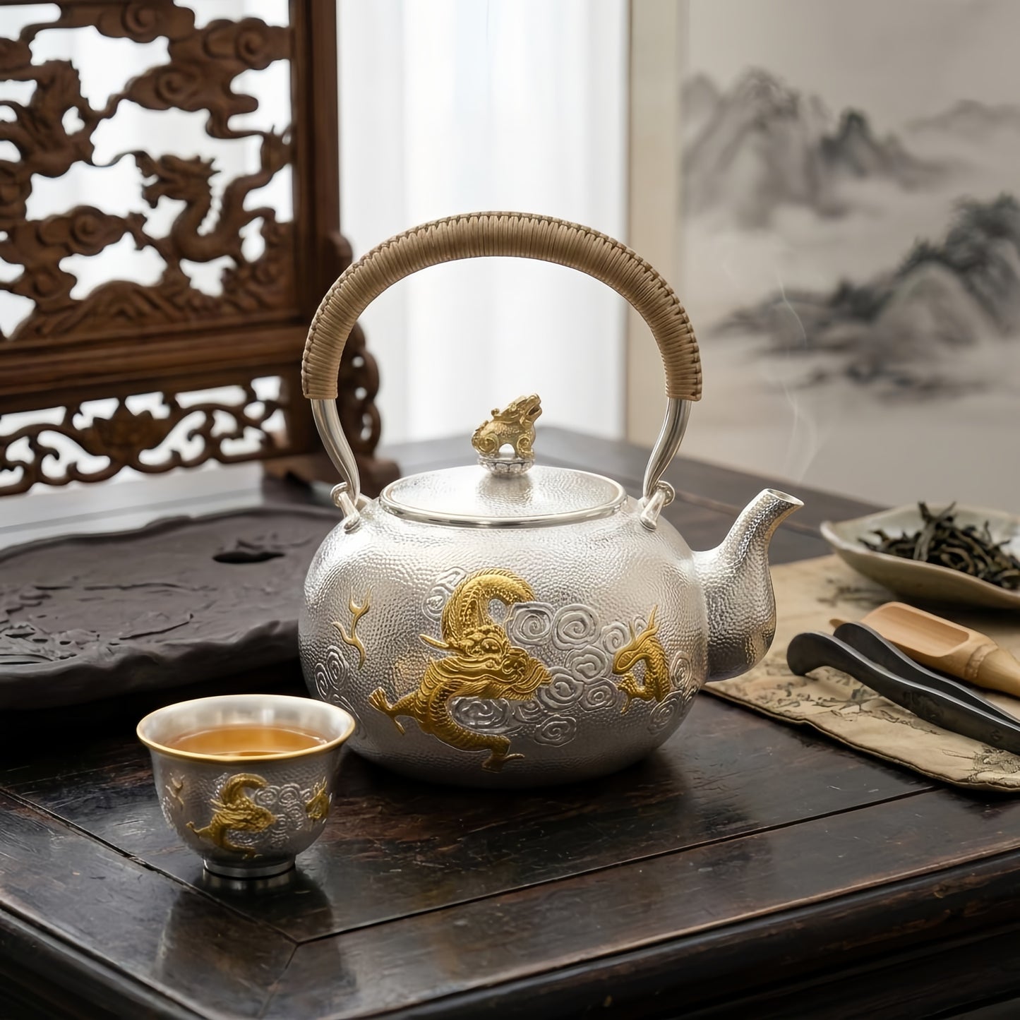 Pure 999 Fine Silver Handcrafted Hammered Silver Tea Kettle with Dragon Relief and Traditional Rattan Handle - Handicraft