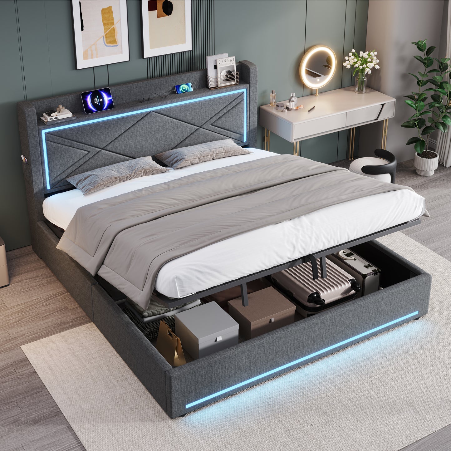 6ft Super King Upholstered Bed Frame With Hydraulic Storage, Linen Ottoman Bed With LED Lighting And Charging Station, USB And Type - C Ports, No Box Spring Needed, Grey No Mattress