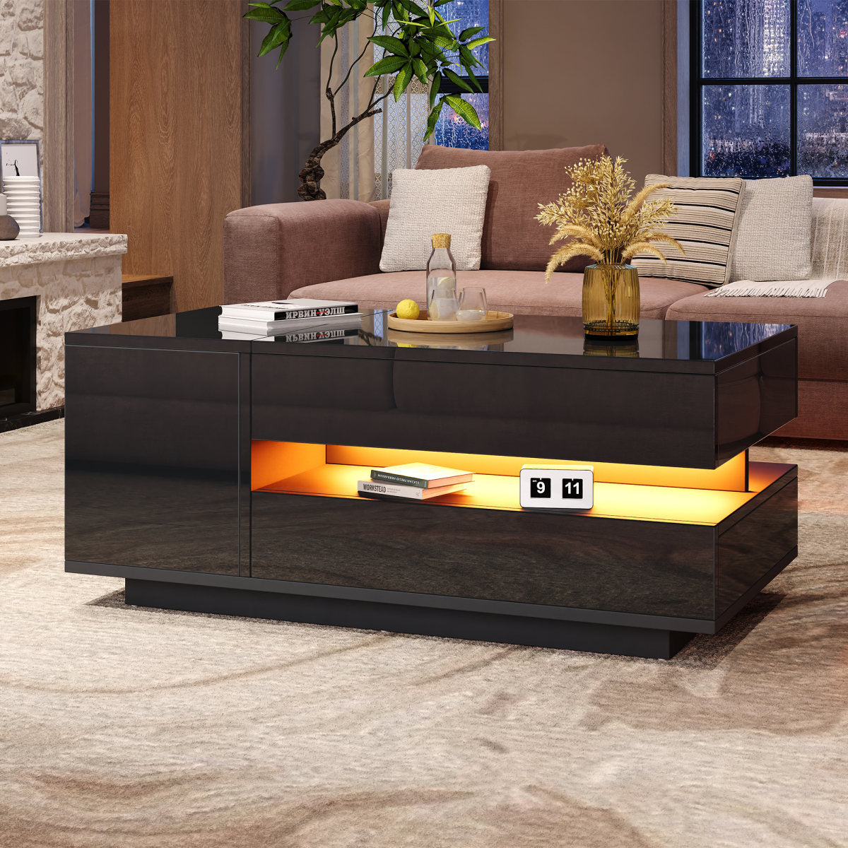 95X50X40cm Liftable Coffee Table, Living Room Table, Side Table, Coffee Table With 1 Drawer, 1 Cabinet, Sofa Table With LED, High Gloss Tea Table With Hidden Storage, Semi-Open Storage, Black