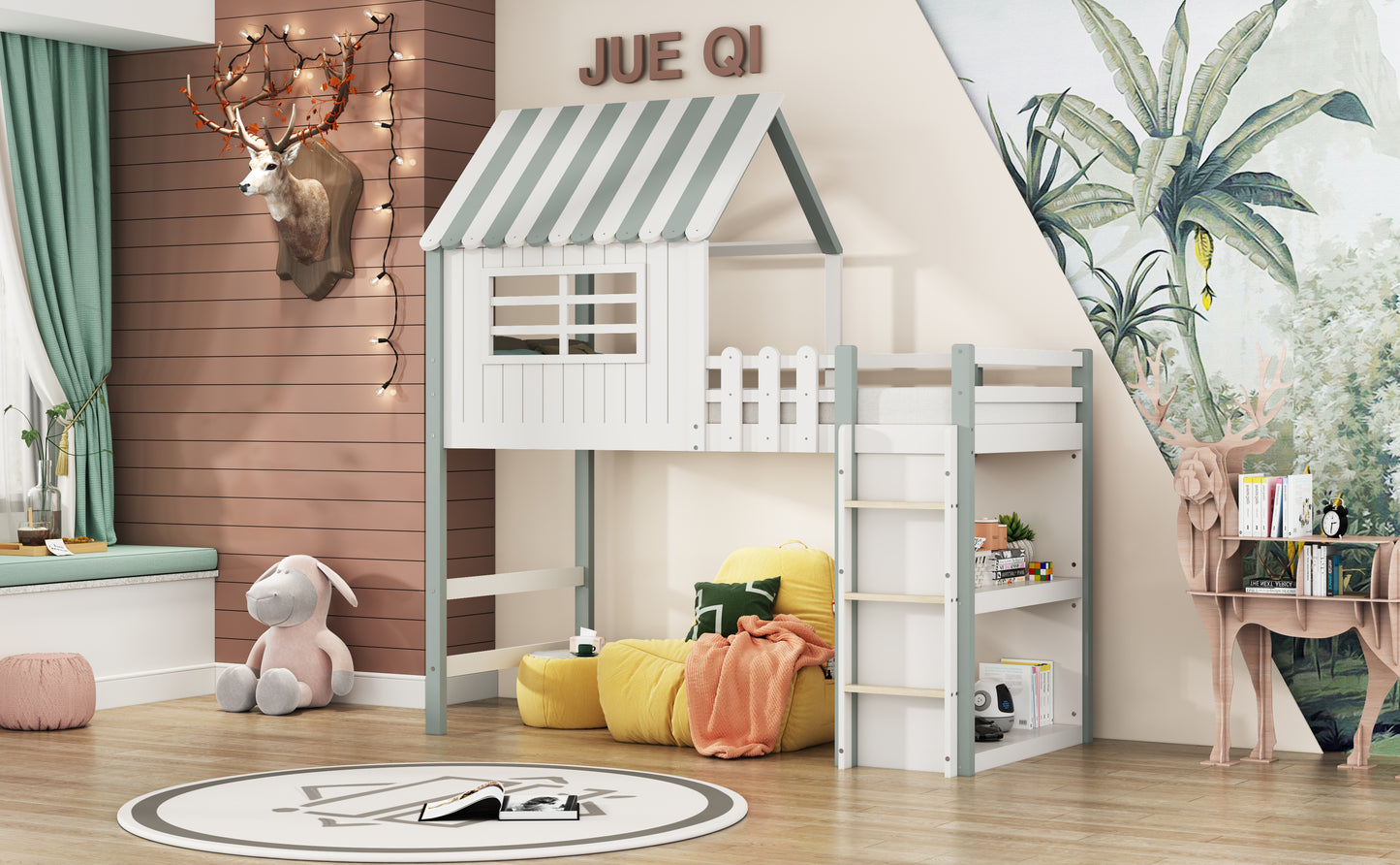 Children's Bed 90x200 Cm High And Low Bed For Boys And Girls Home Bed Roof Shape With Safety Ladder With Storage Compartment Multifunctional Bed Solid Wood Bed With Slatted Base Green
