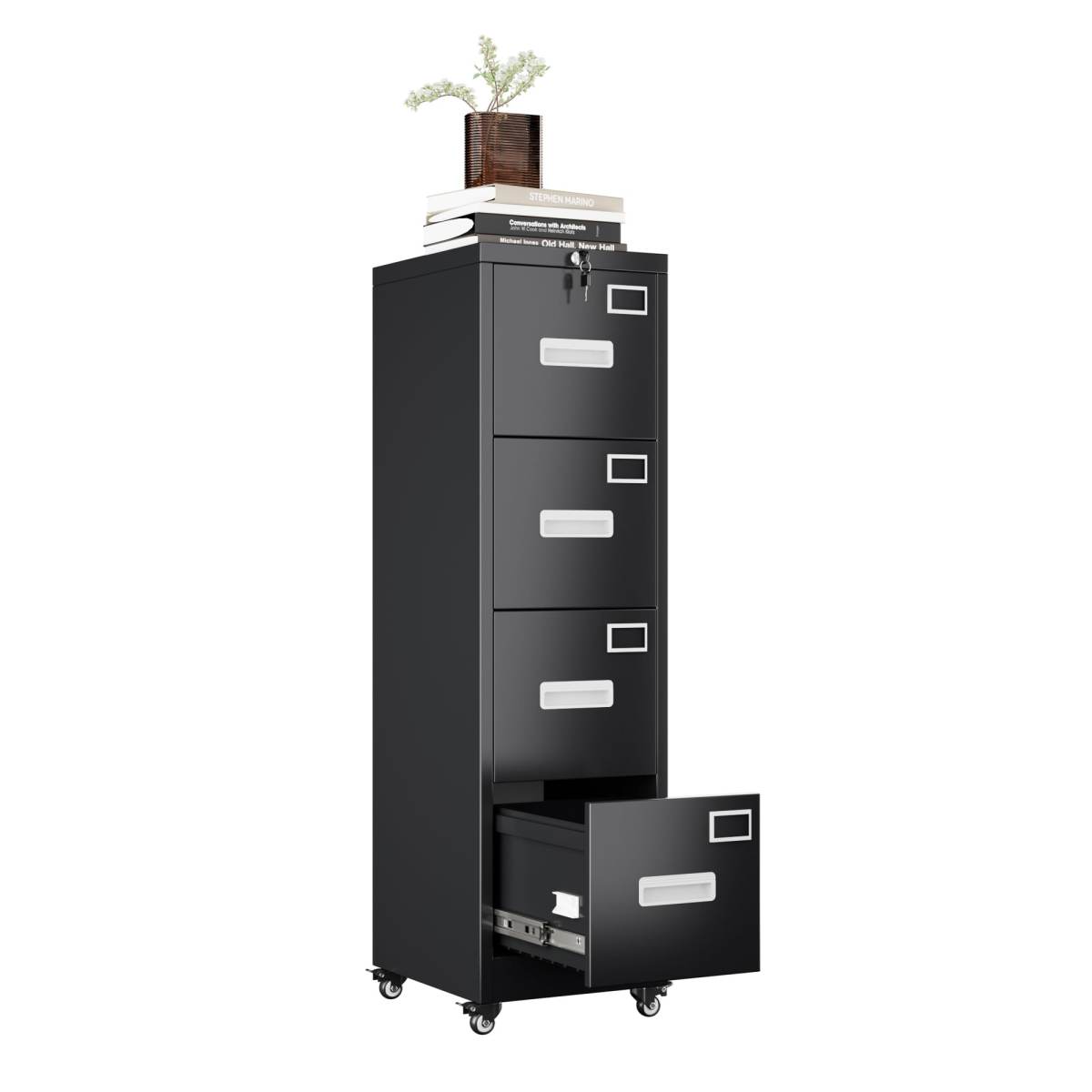 4 Drawer Vertical File Cabinet On Wheels, Lockable Office Files Storage Cabinet With Handle And Name Card,Mobile Storage Cabinet For Office And Home,Assembly Required,Black