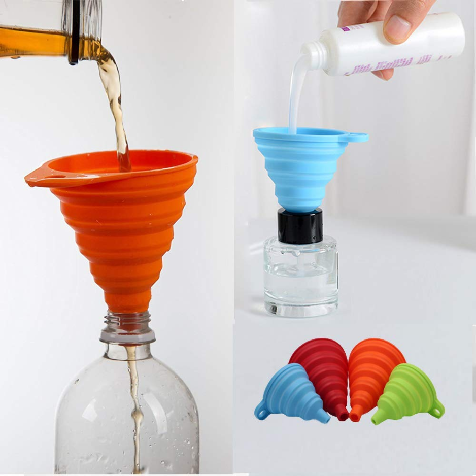 4-Pack Collapsible Silicone Kitchen Funnel Set - Small & Large Food Grade Foldable Funnels