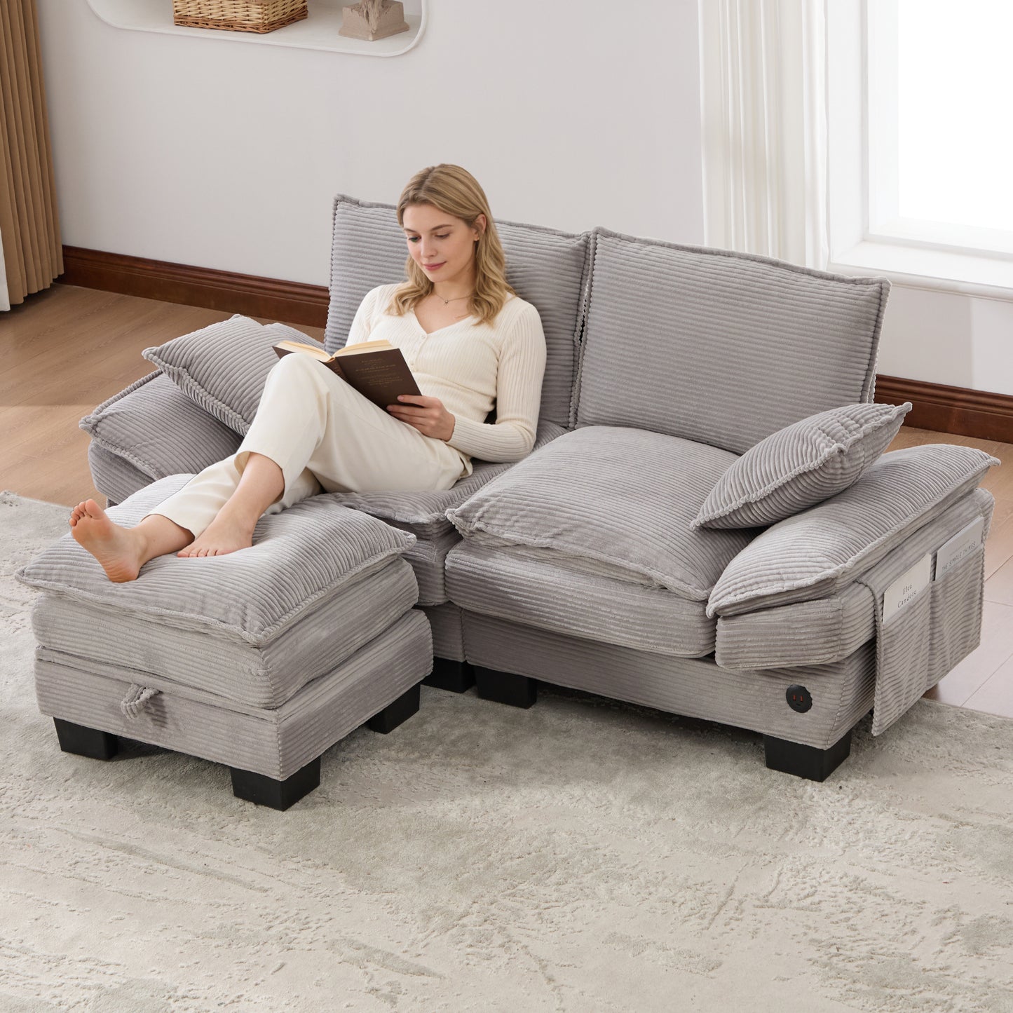 Modular 2-seater Corduroy Sofa With Stool Wide Seat, Ergonomic Design, High-density Foam Padding, USB-C Port And Side Pockets. Ideal For The Living Room, Office Or Lounge.Light Grey