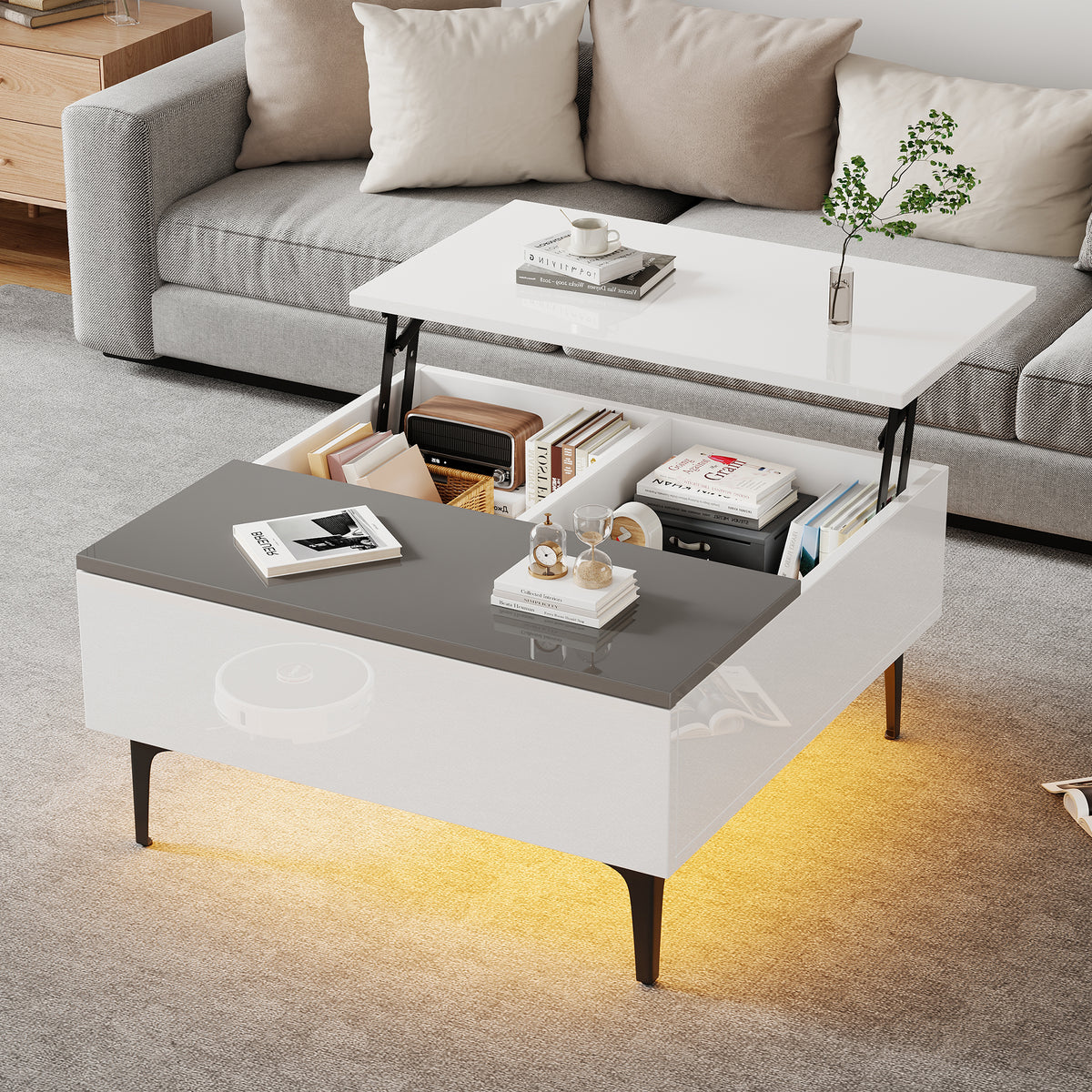 70x70x35cm Coffee Table, Height Adjustable Coffee Table With Hidden Storage And Shelves, White High Gloss Living Room Table, Desk With LED, Sofa Table With Drawers