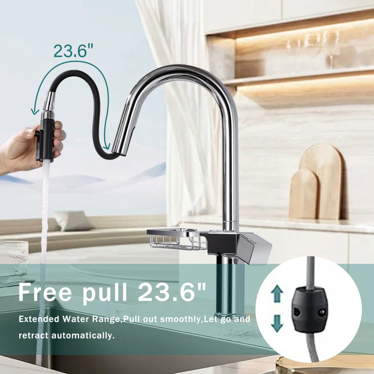 High Arc Pull-Down Kitchen Faucet - Single Hole Stainless Steel, Modern Sink Faucet Chrome