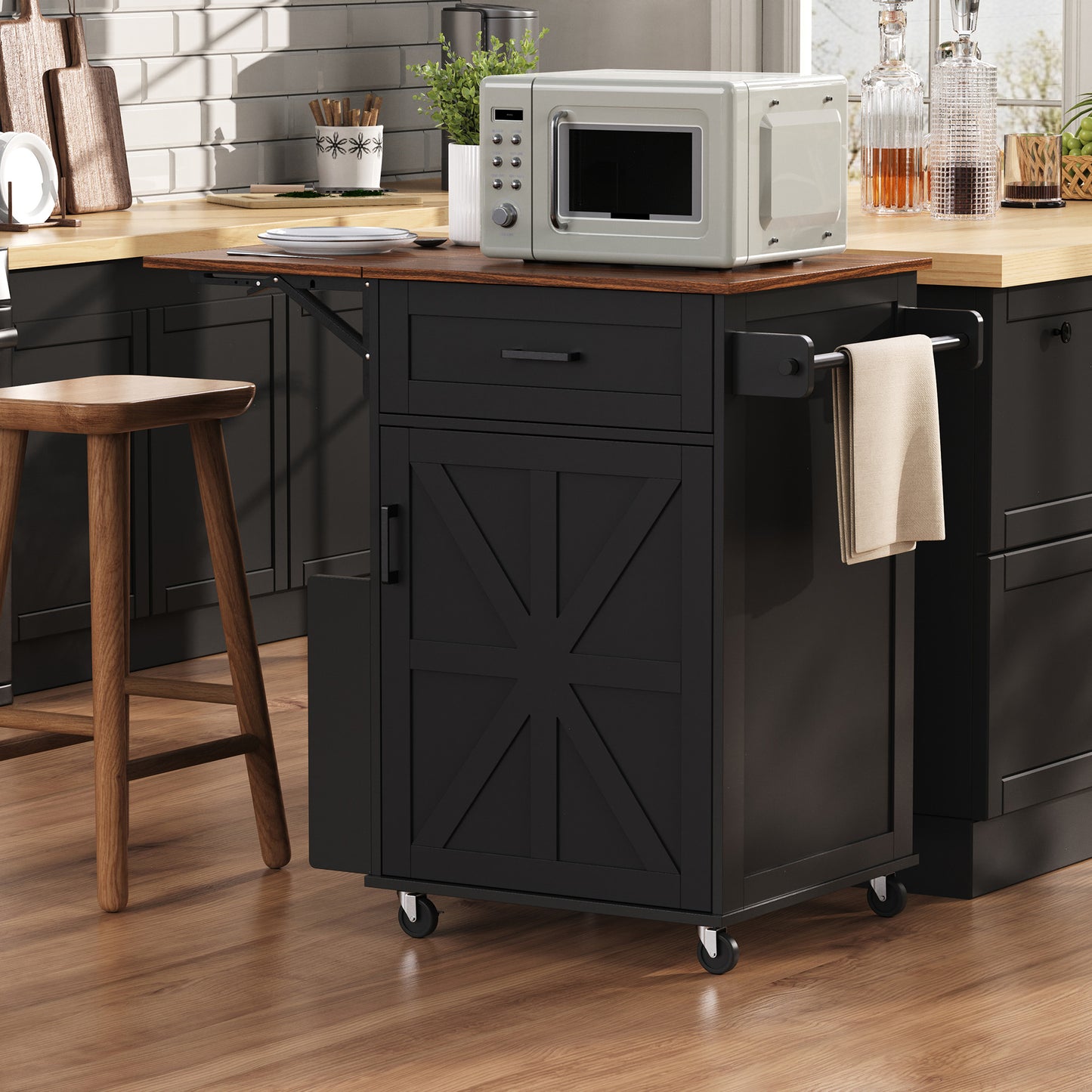K&K 39.3 Farmhouse Kitchen Island With Drop Leaf, Kitchen Storage Island With Open Side Rack, One Drawer, Towel Rack, Rolling Kitchen Cart With Lockable Wheels For Lawn Garden, Black