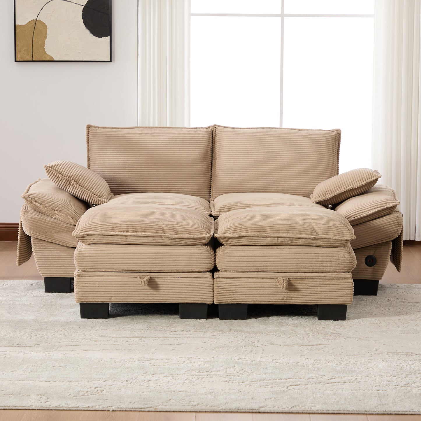 Modular 2-seater Corduroy Sofa With 2 Stools Wide Seat, Ergonomic Design, High-density Foam Padding, USB-C Port And Side Pockets. Ideal For Living Room, Office Or Lounge.