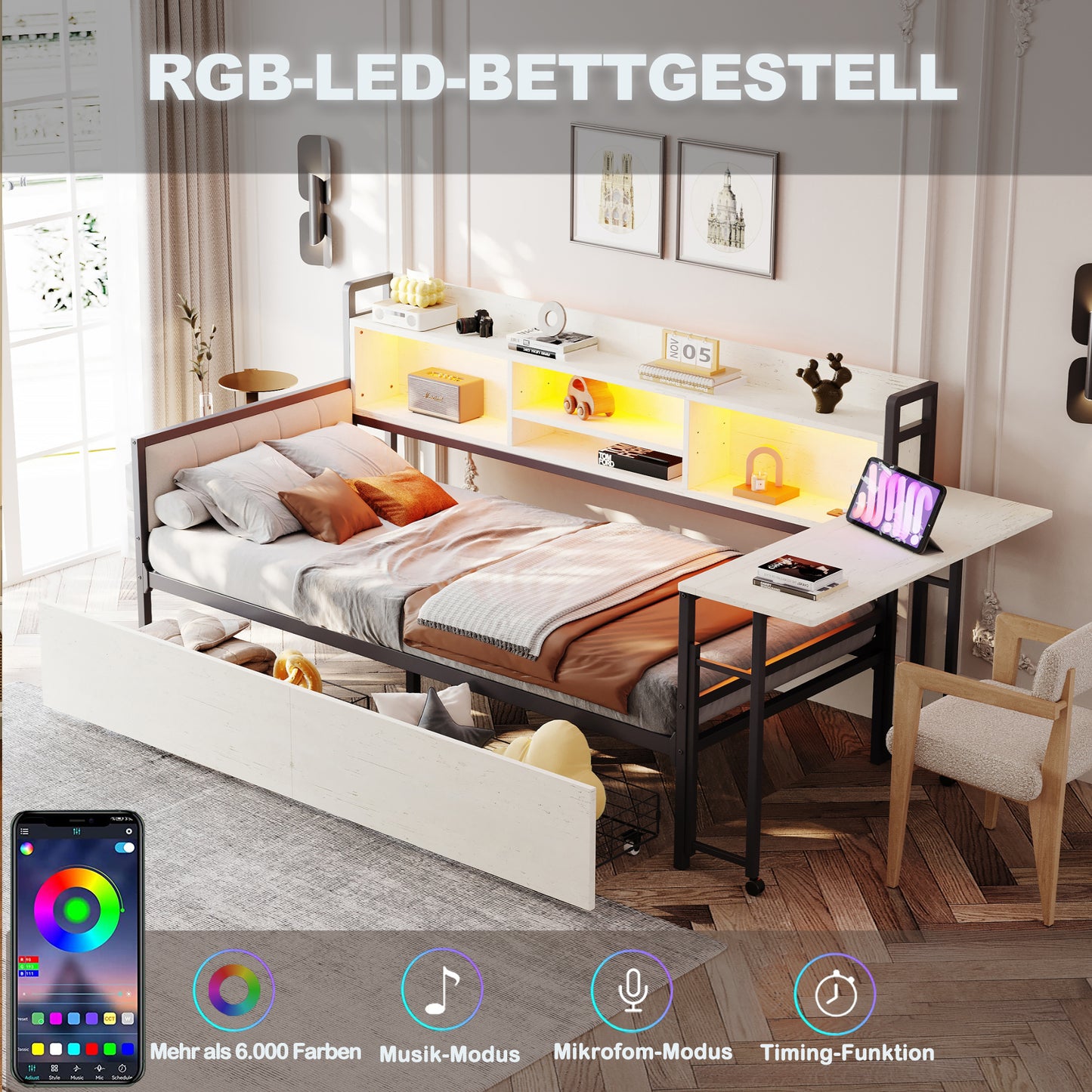 Iron Sofa Bed 90 X 200 Cm, With LED Lighting And Storage Space, With Drawers And Multifunctional Socket, Fold-out Desk, Soft Backrest, Single Bed, White