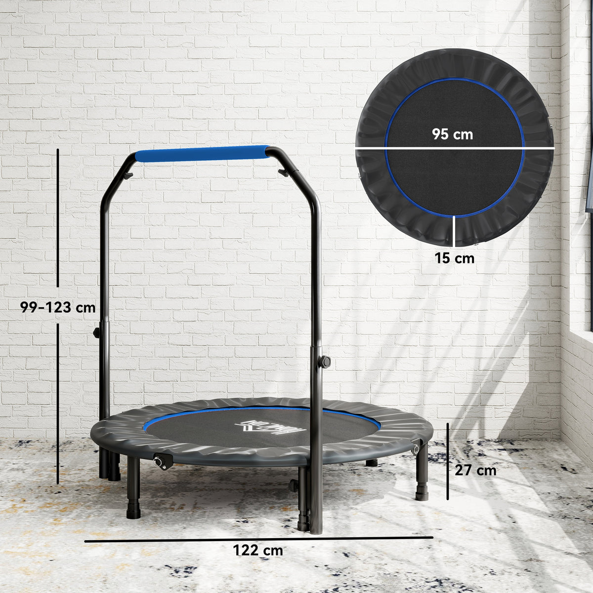 48" Foldable Mini Fitness Trampoline, With Adjustable Foam Handle, Blue