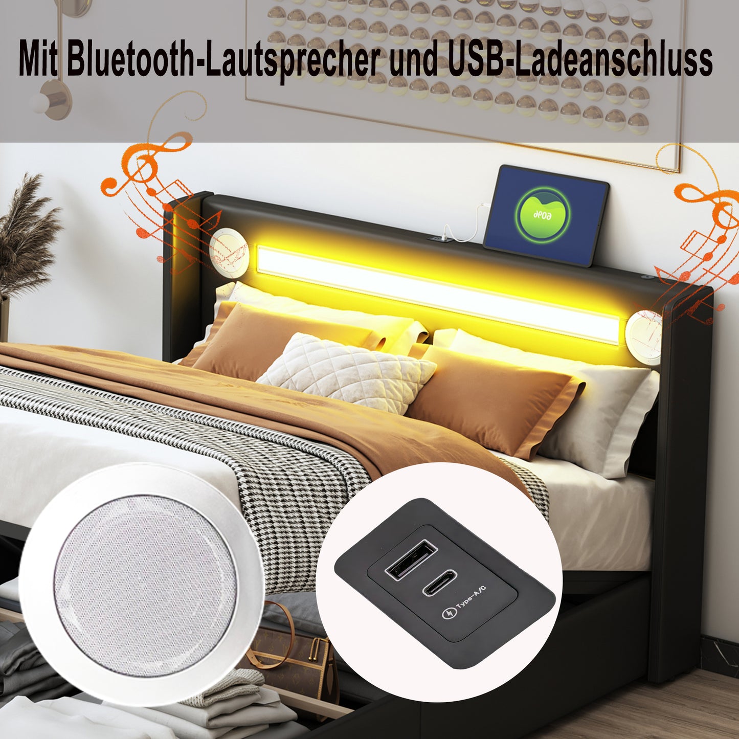 Upholstered Bed 140x200 Bed With LED Light Strip, Bluetooth Player And USB Charging, Storage Bed Made Of PU Leather, Loft Bed Box, Double Bed With Slatted Base Black